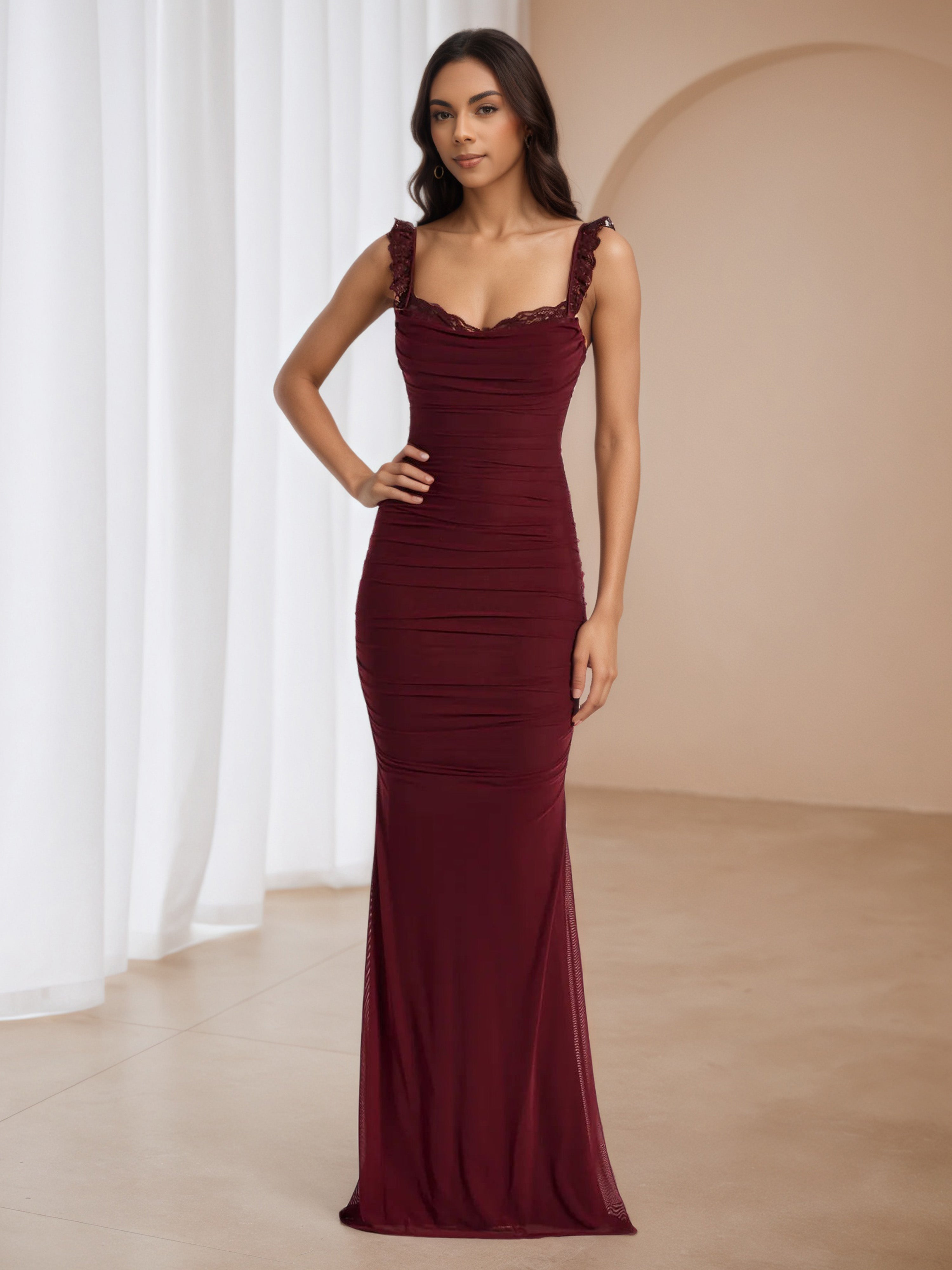 Illusion Ruffle Straps Cabernet Trumpet/Mermaid Formal Dresses Illusion Ruffle Straps Cabernet Trumpet/Mermaid Formal Dresses