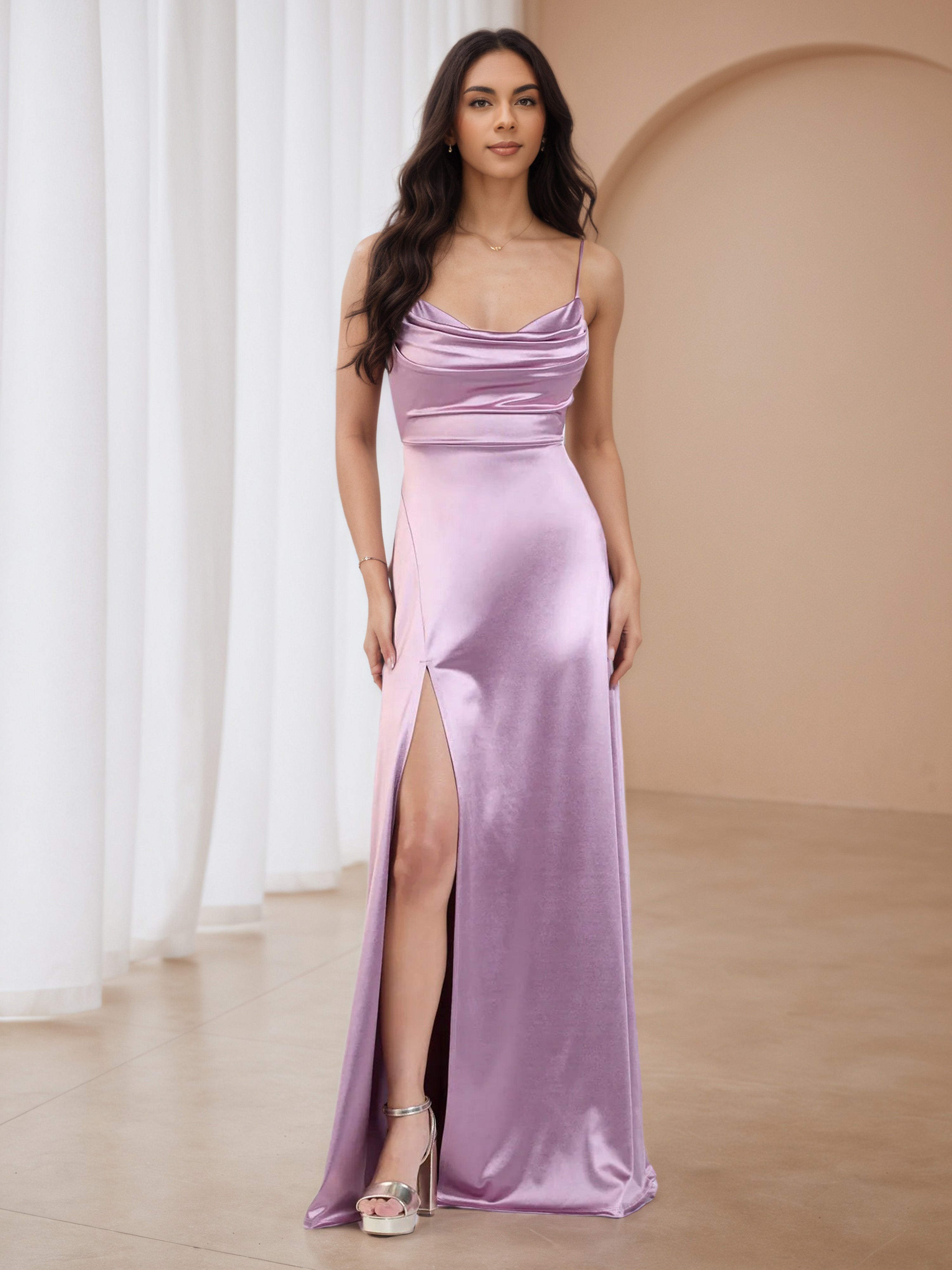 purple spaghetti strap dress Glitter Purple Spaghetti Straps Wedding Guest Dress with Split