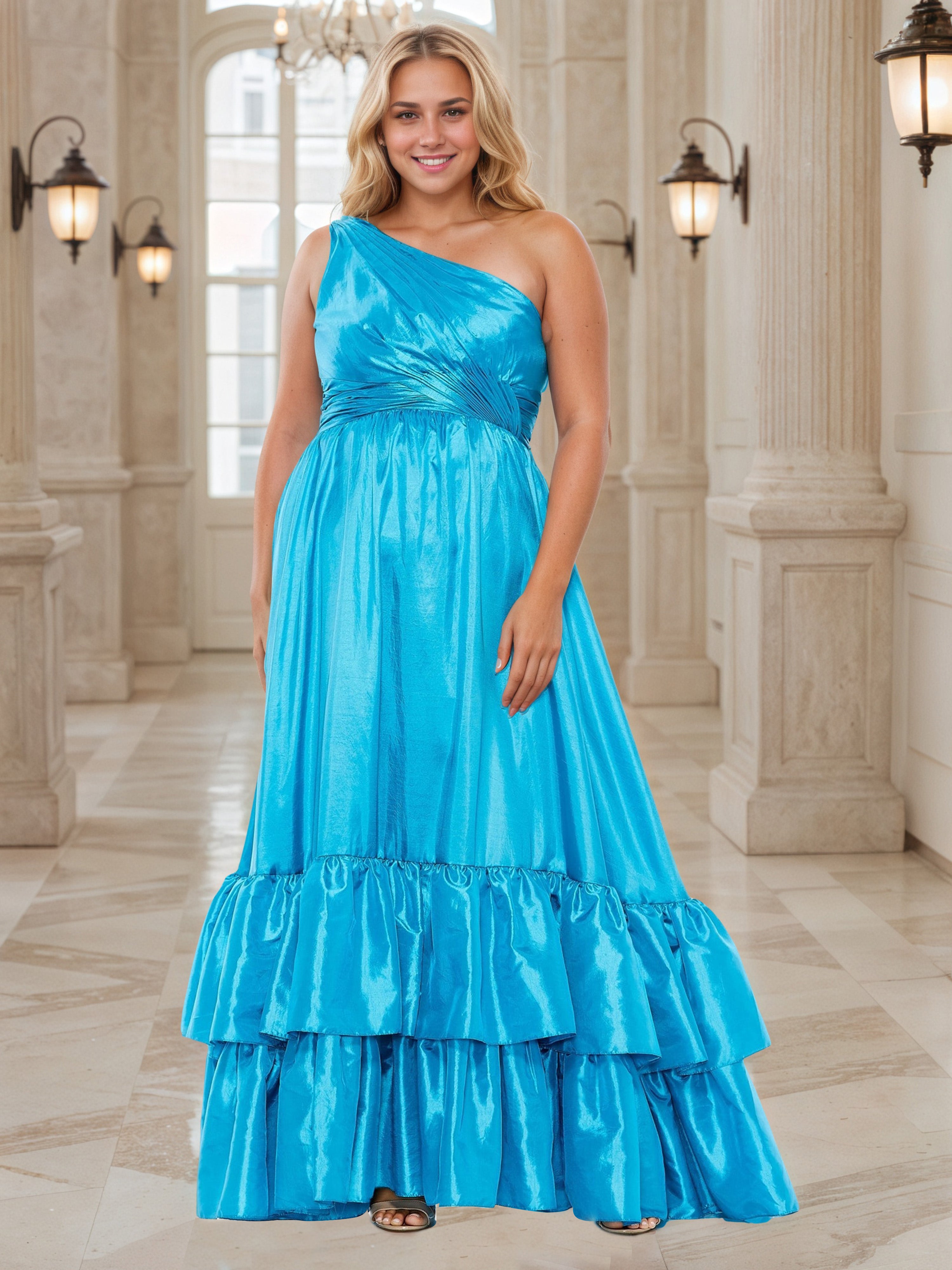 Beautiful One Shoulder Blue Long Layers Plus Size Princess Prom Dress Beautiful One Shoulder Blue Long Layers Plus Size Princess Prom Dress