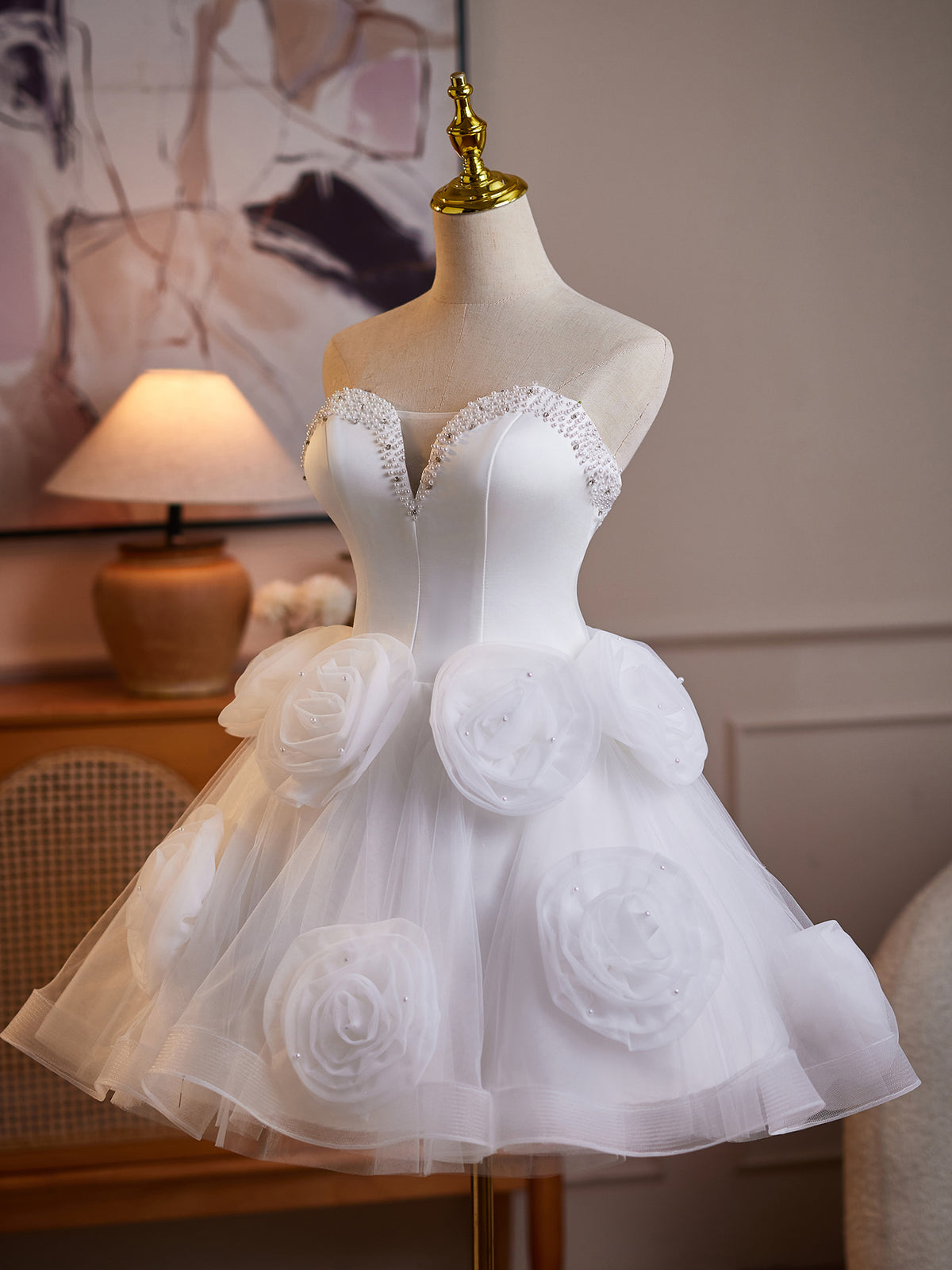 Cicinia Beaded Sweetheart White Wedding Dresses Short A-line Bridal Dress With 3D Large Rose