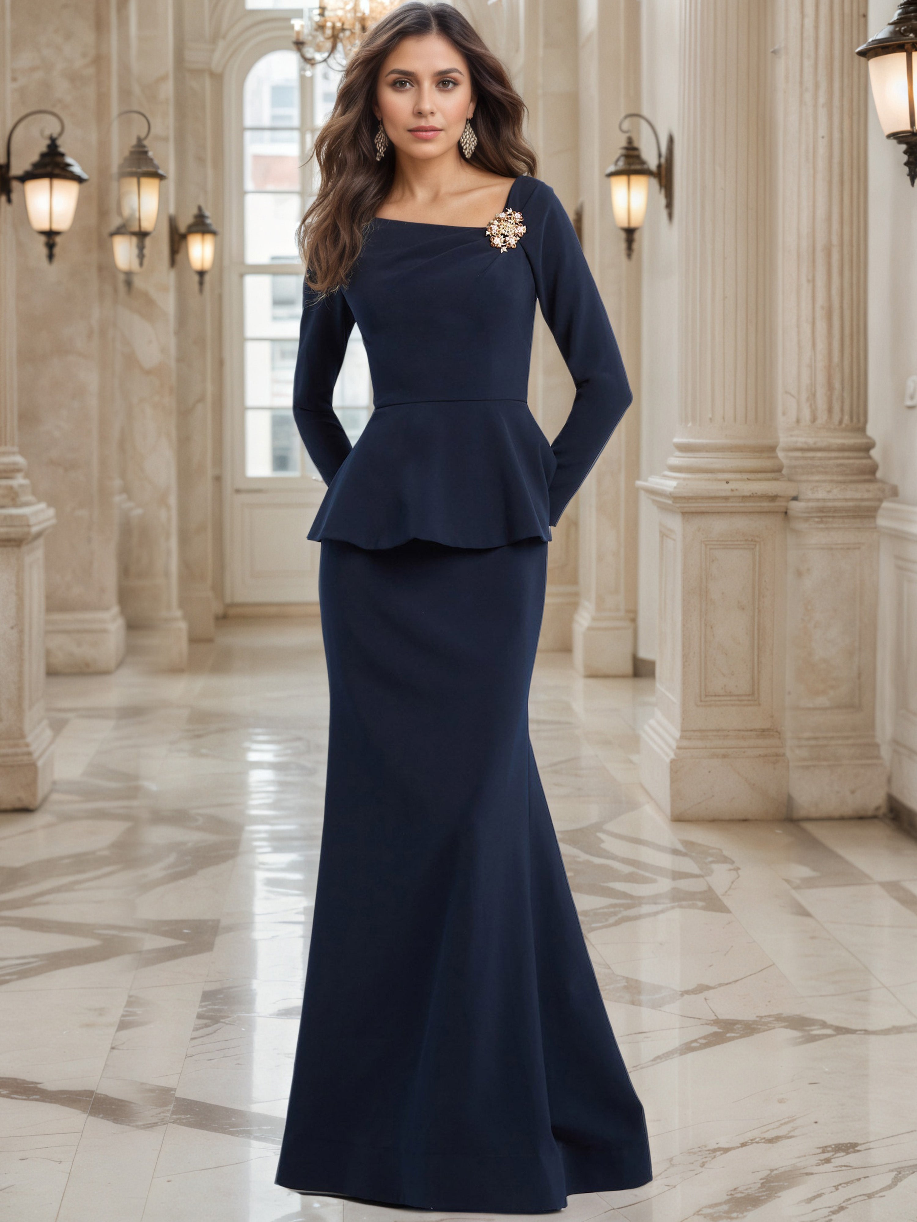 long sleeve navy bridesmaid dresses Long Sleeve Midnight Blue Dress For Wedding Leely Women Navy Satin Long Sleeves A-Line Maxi