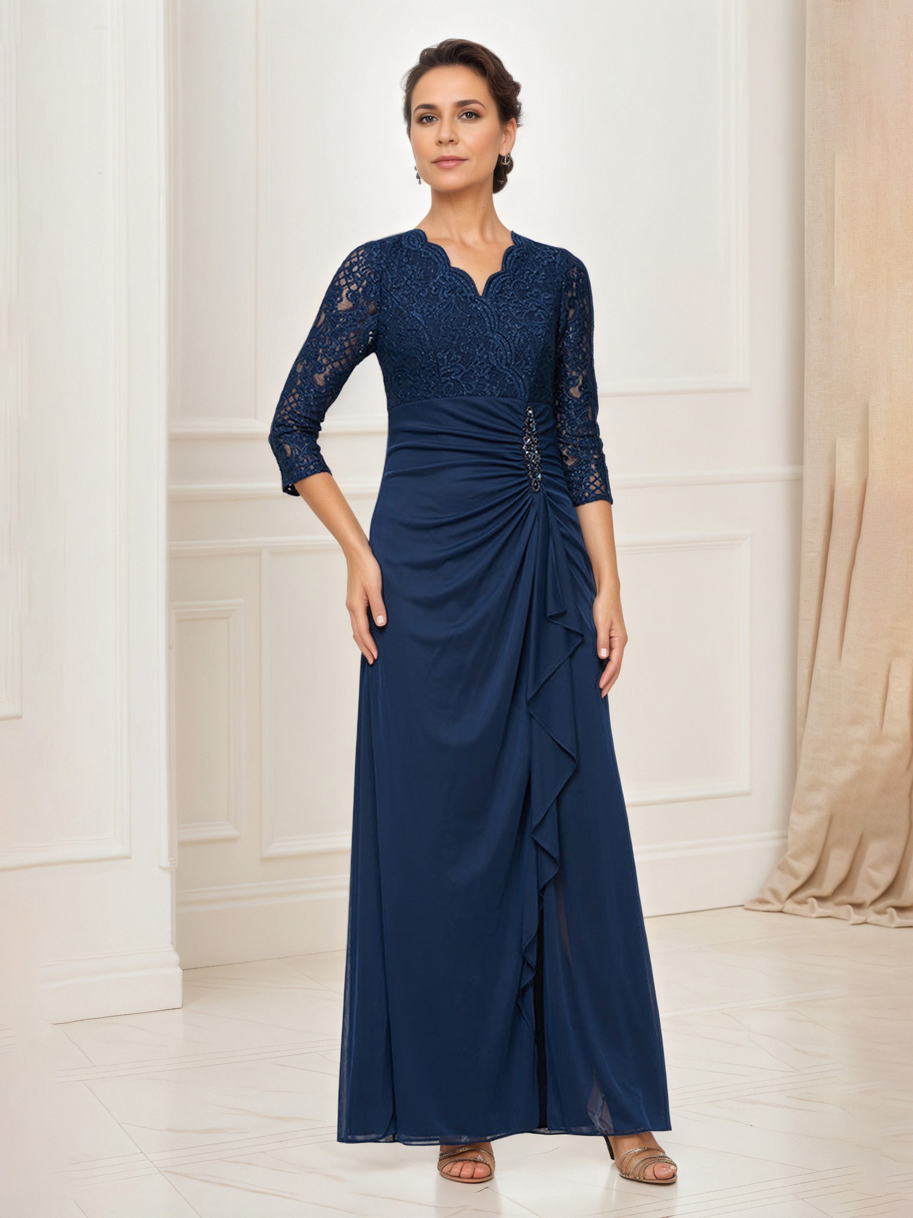 Dark Navy Mother Of The Bride Dress 3/4 Sleeves Empire Waist Lace Top Mother Of The Bride Dress Dark Navy Mother Of The Bride Dress 3/4 Sleeves Empire Waist Lace Top Mother Of The Bride Dress
