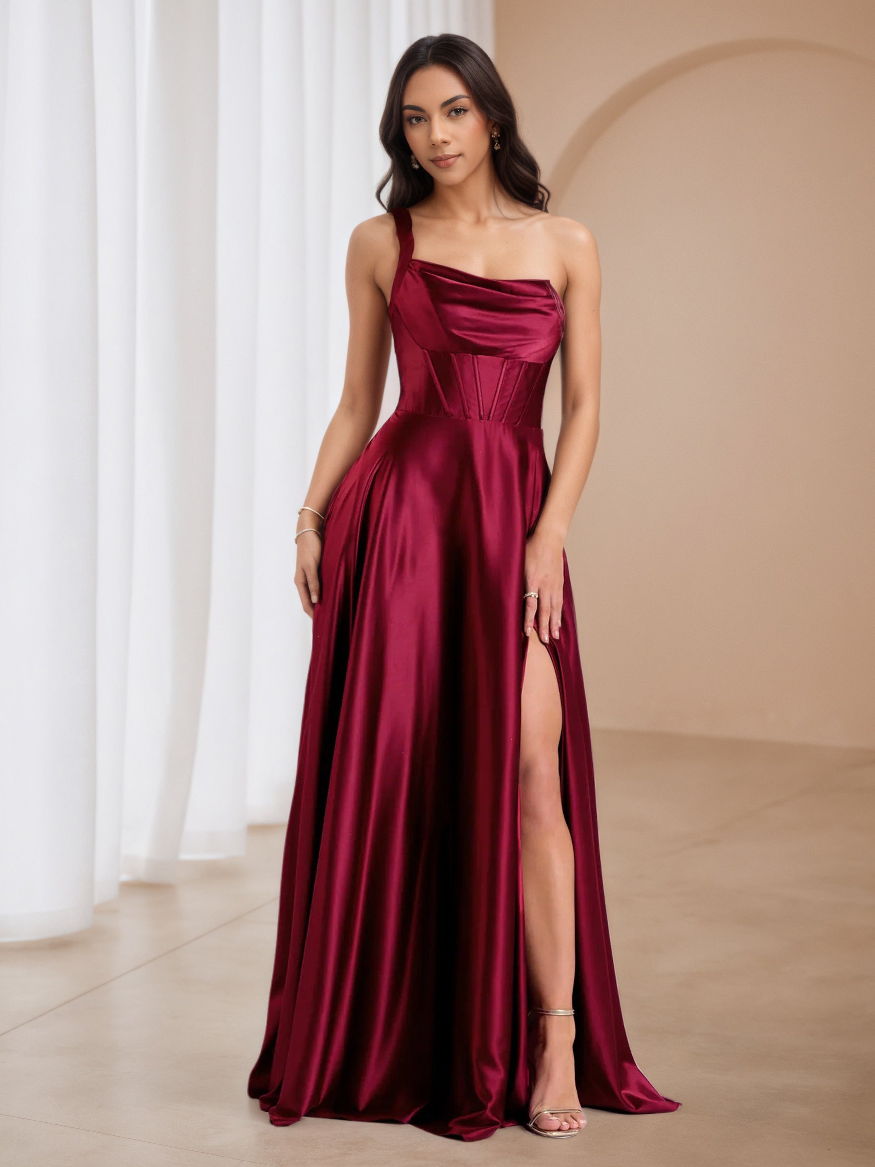 Burgundy A-Line One Shoulder Wedding Guest Dress Burgundy A-Line One Shoulder Wedding Guest Dress