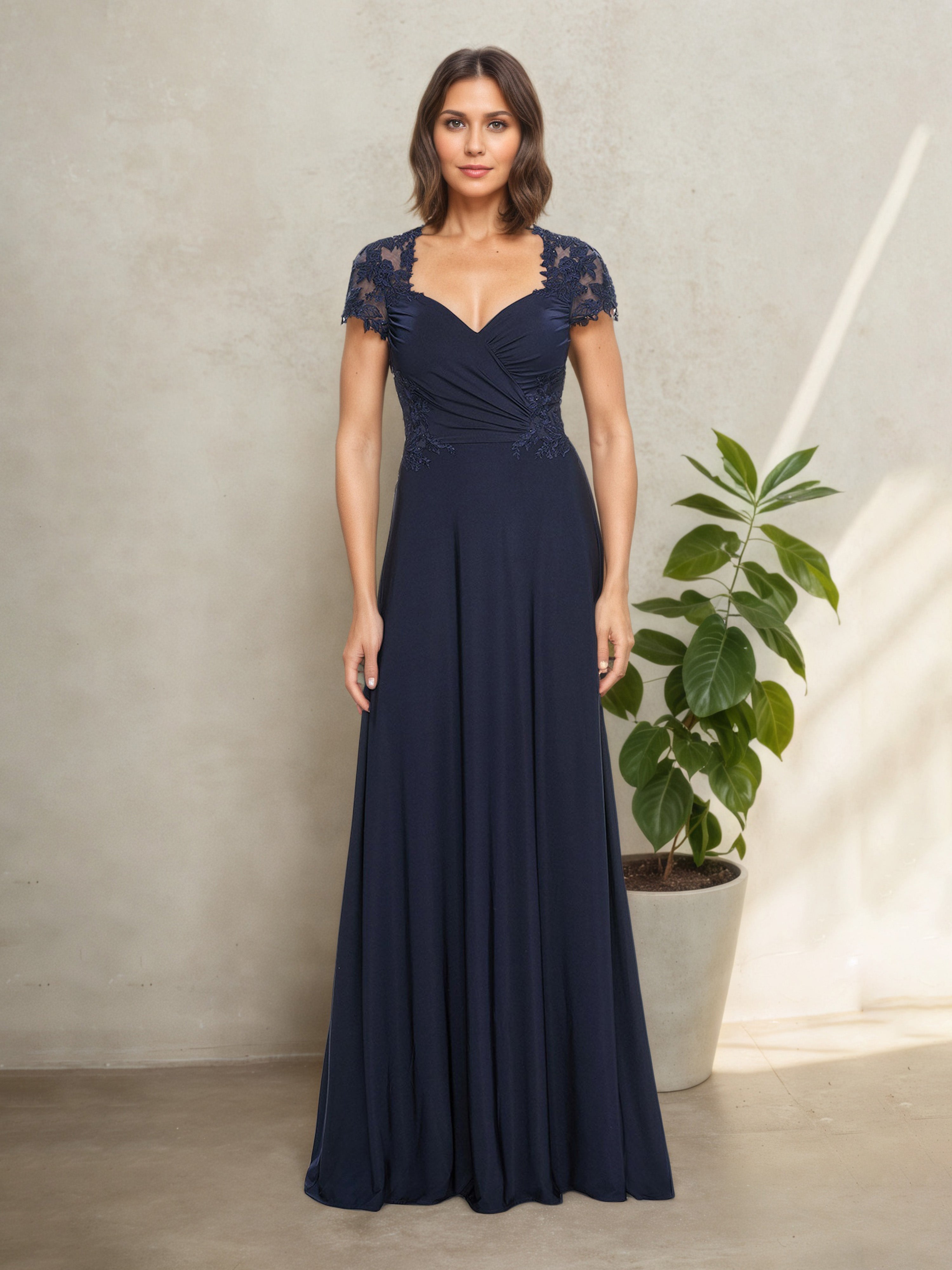 Cap Sleeves Square Neck Pleats Long Mother Of The Bride Dress Cap Sleeves Square Neck Pleats Long Mother Of The Bride Dress
