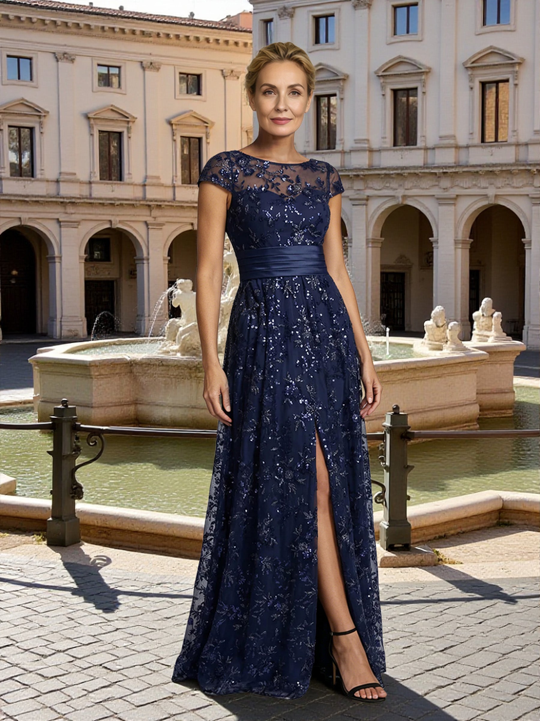 Cicinia Navy Blue Mother Of The Bride Dress Long Sequin Lace A-Line Illusion Neck Cap Sleeves
