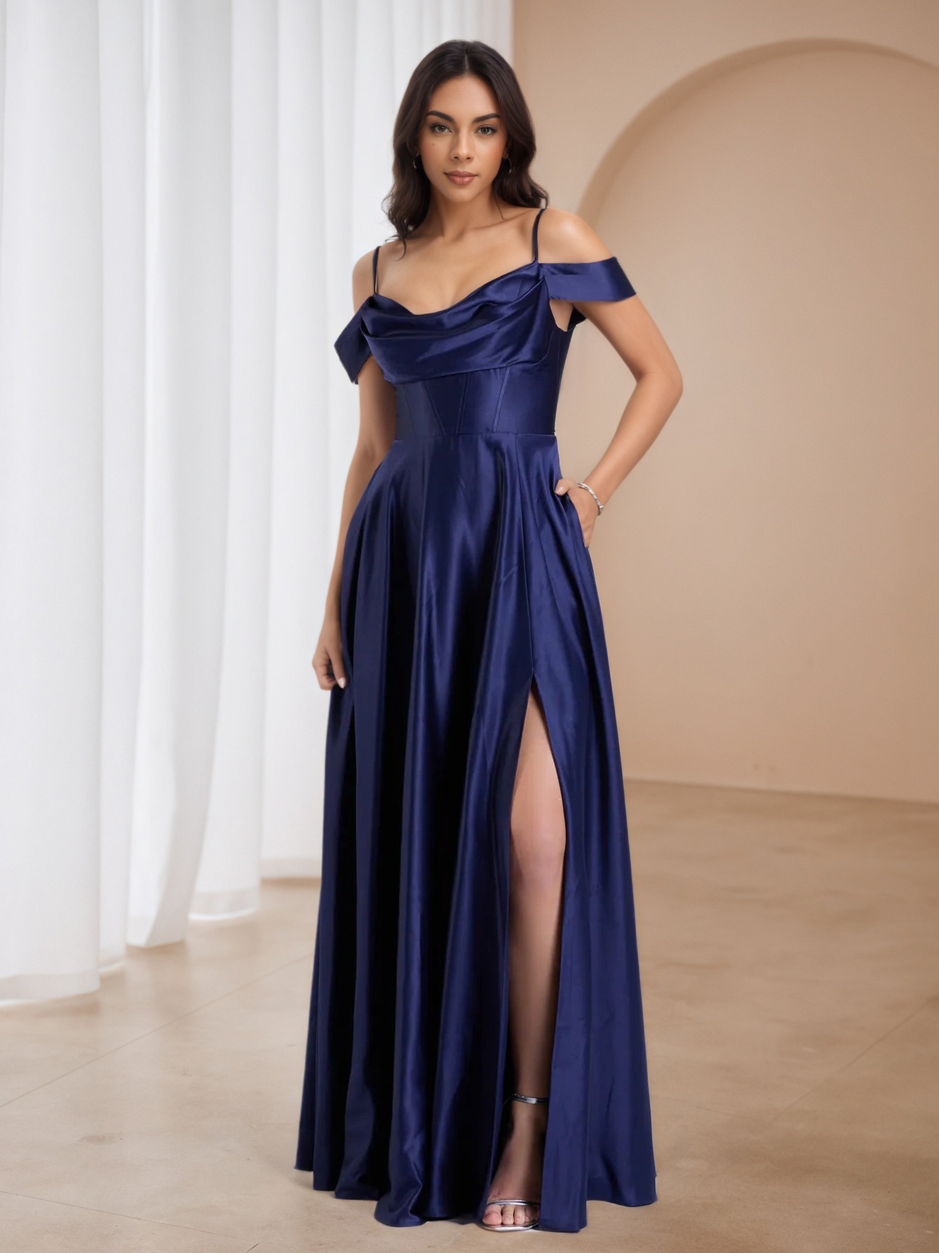 Satin Dark Navy Blue Off The Shoulder Formal Dresses
