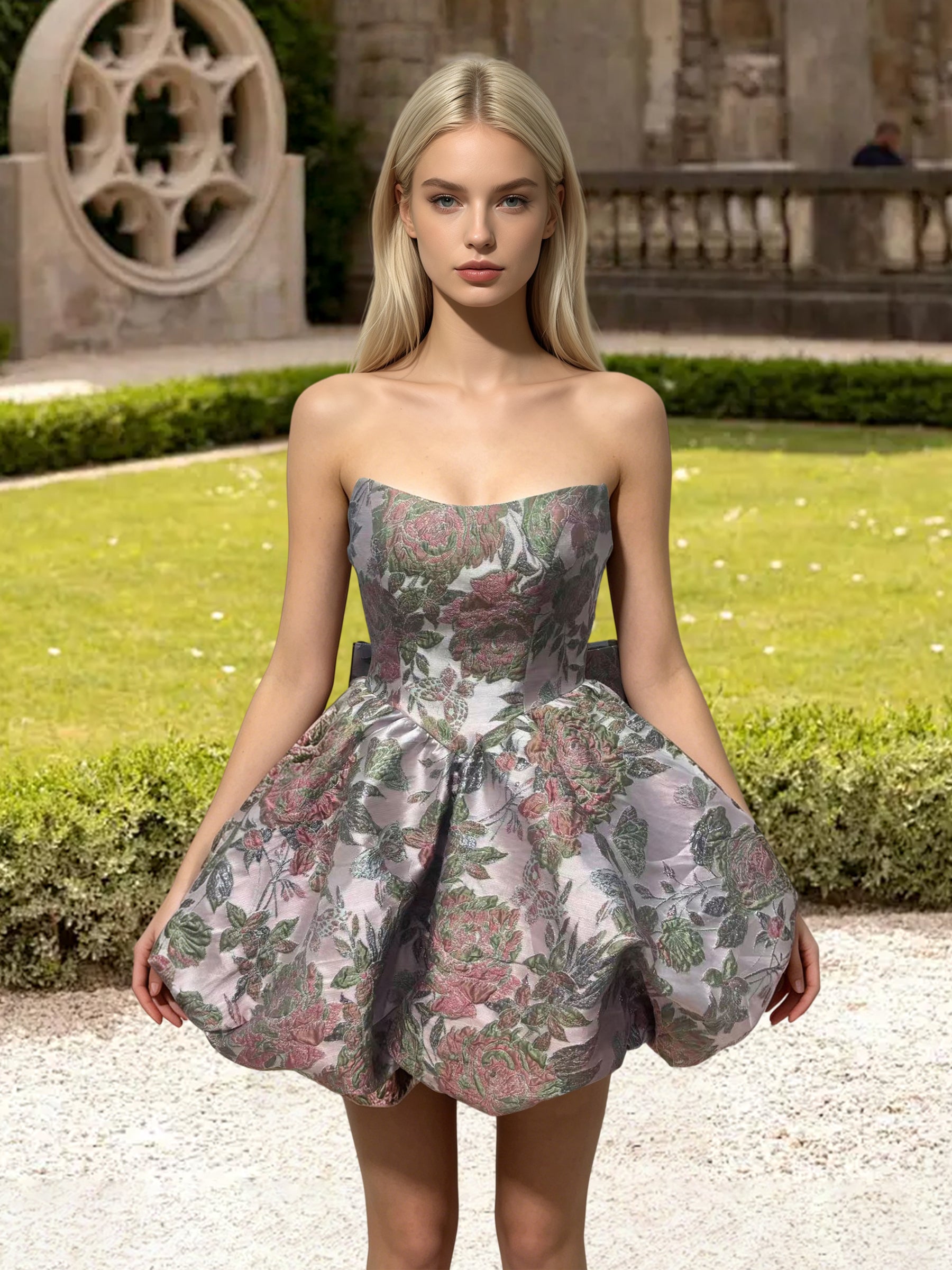 Cicinia Pretty Mini Length Short Homecoming Dresses Floral Jacquard A-Line Bubble Hem Strapless