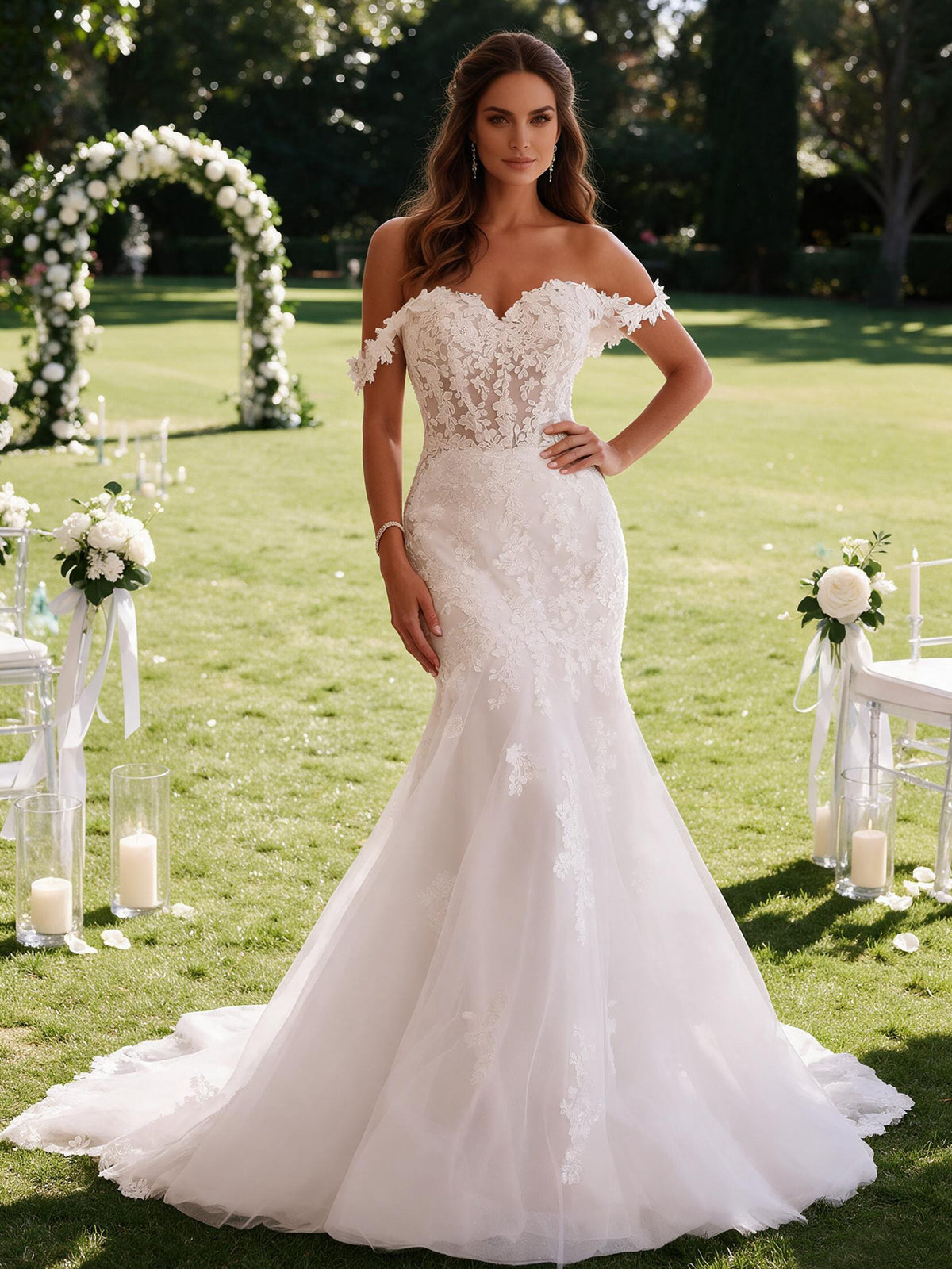 Cicinia Off The Shoulder White Wedding Dresses Long Sheath Mermaid Appliques Lace Bridal Gowns