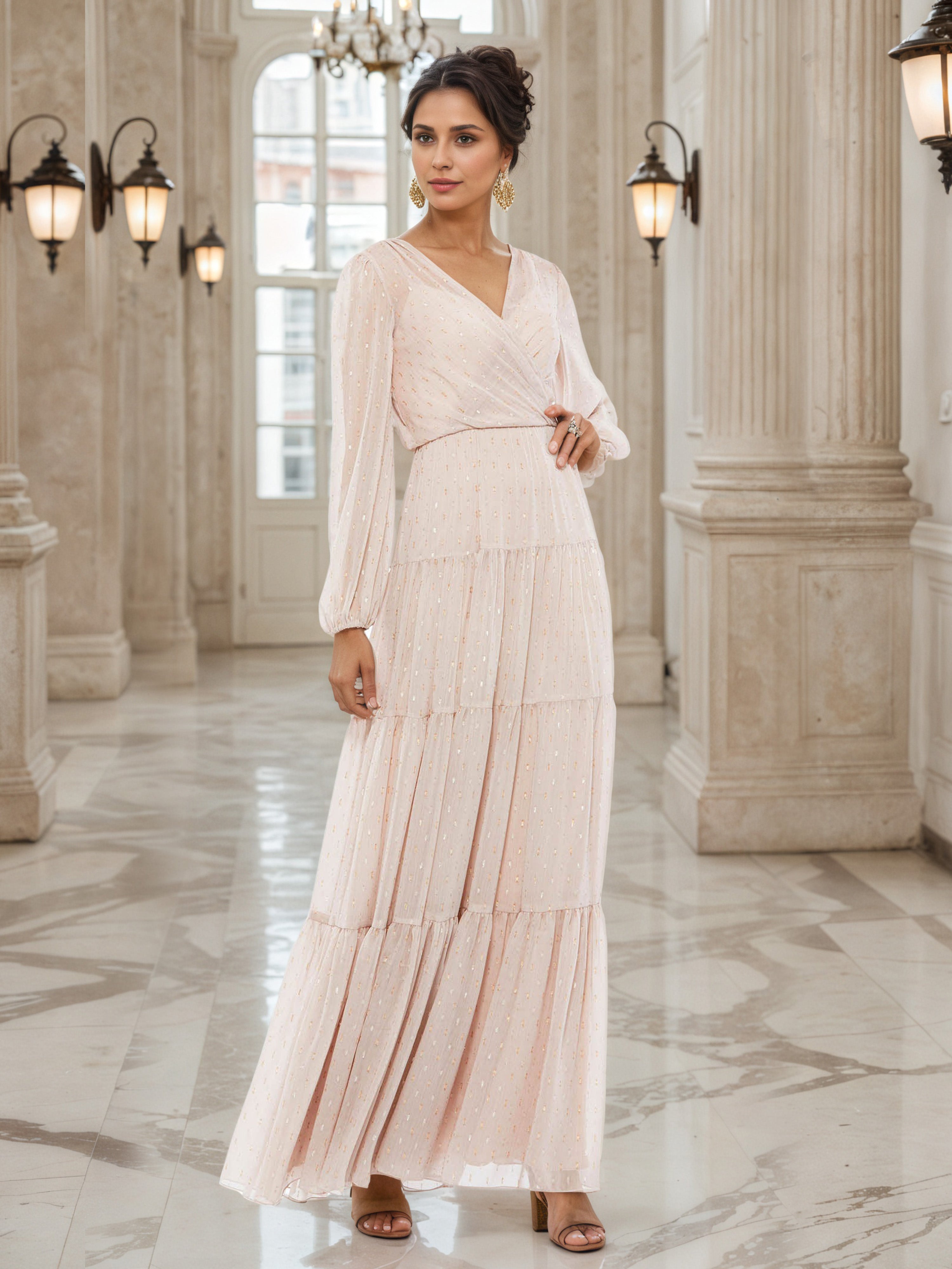Pearl Pink Mother of Bride Dresses A-Line V-Neck Long Sleeves Mother of the Bride Dress Pearl Pink Mother of Bride Dresses A-Line V-Neck Long Sleeves Mother of the Bride Dress