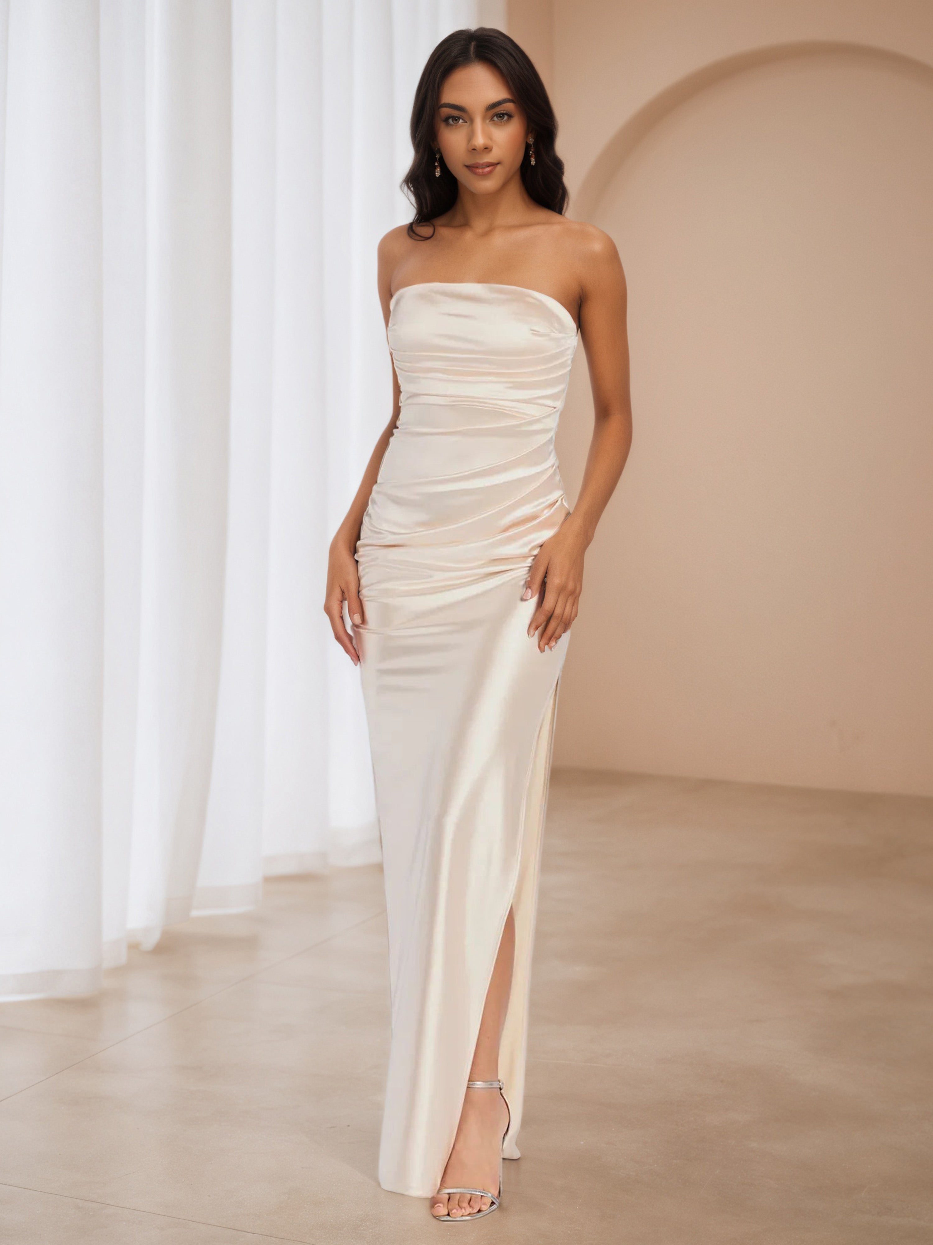 Ivory Strapless Floor Length Formal Dresses