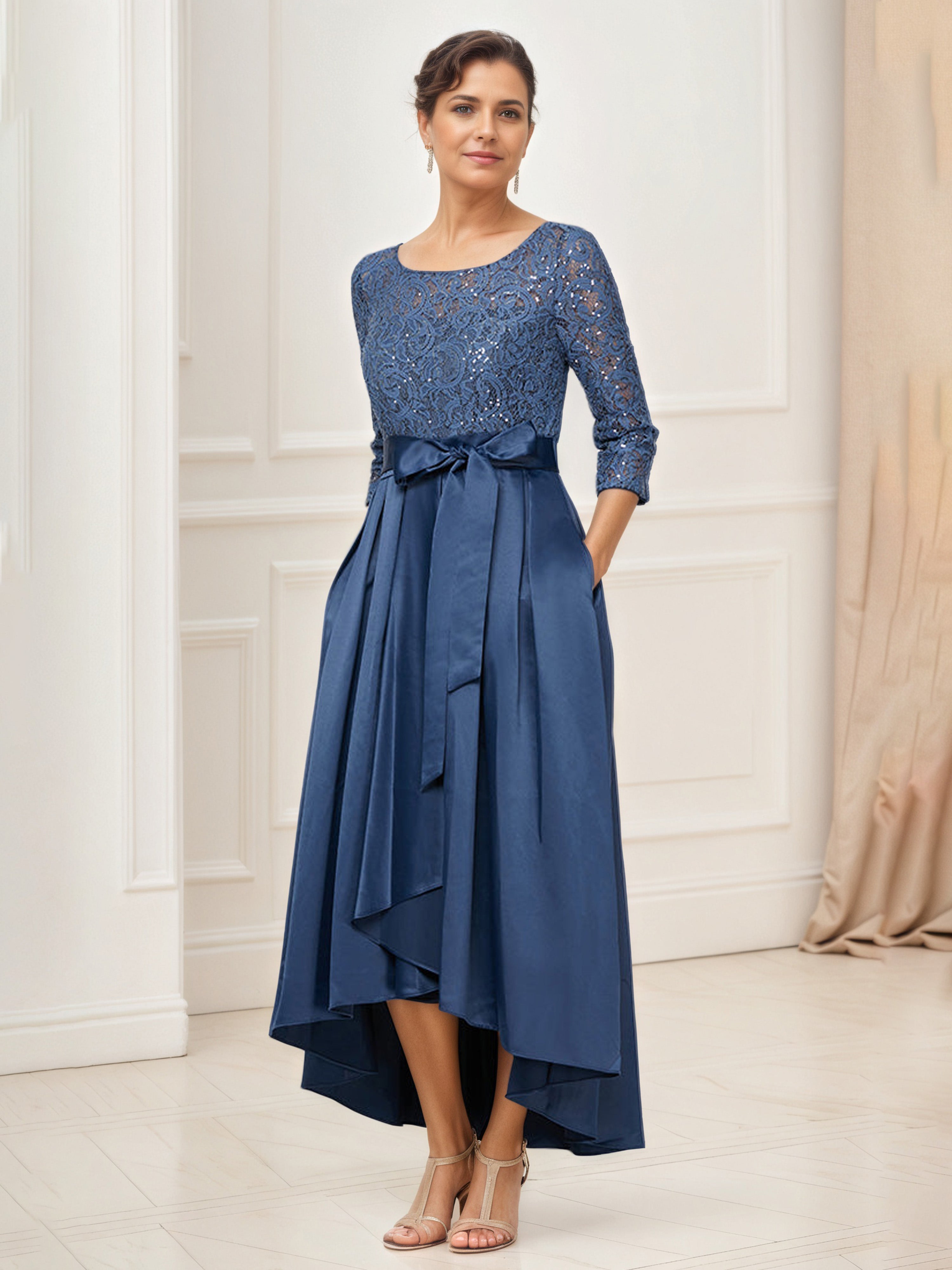 Dark Blue Mother Of Bride Dress A-Line Lace Bodice Satin Mother Of The Bride Dress with Belt Dark Blue Mother Of Bride Dress A-Line Lace Bodice Satin Mother Of The Bride Dress with Belt