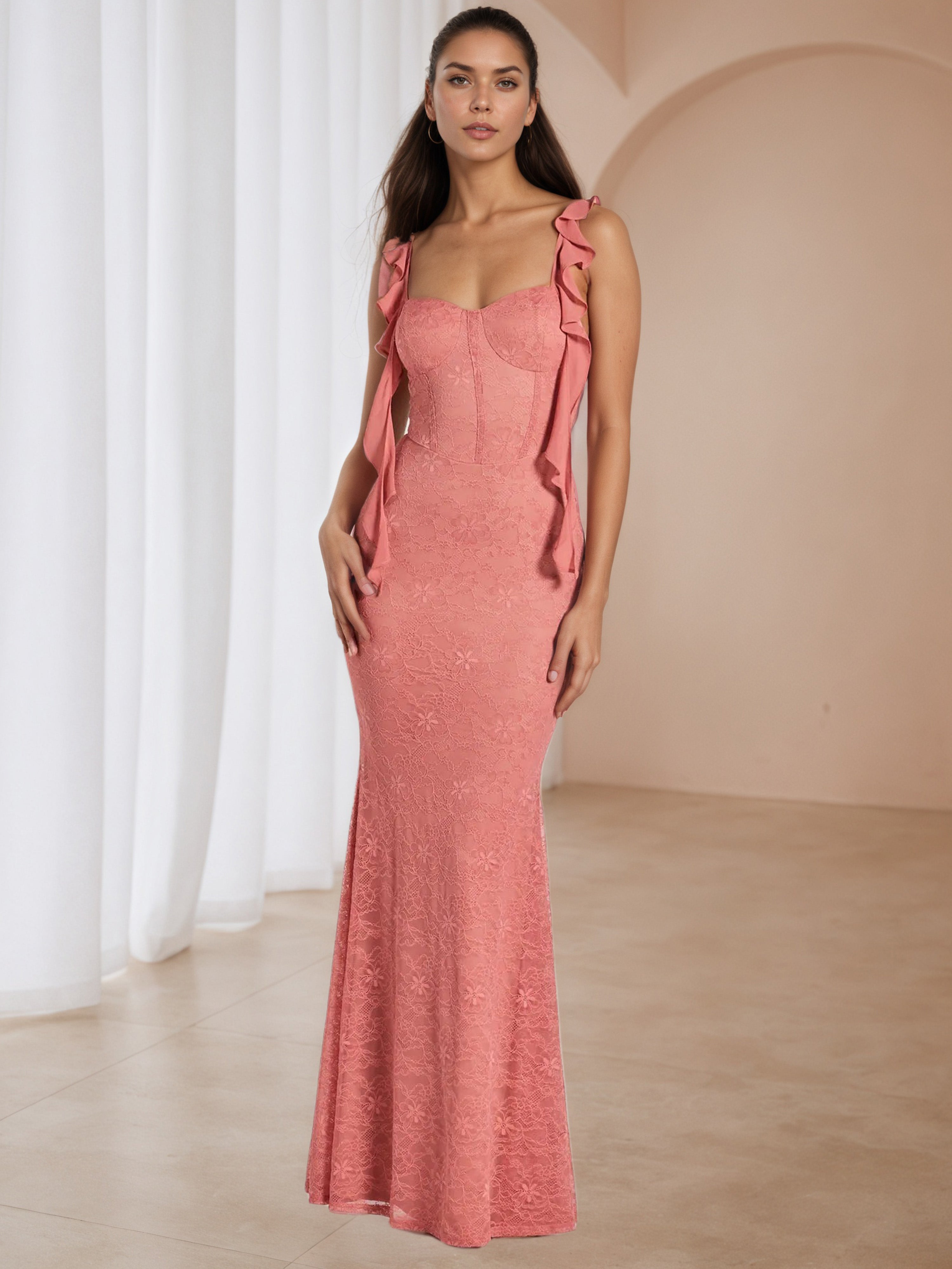 Watermelon Straps Dress Lace Floor Length Formal Dresses