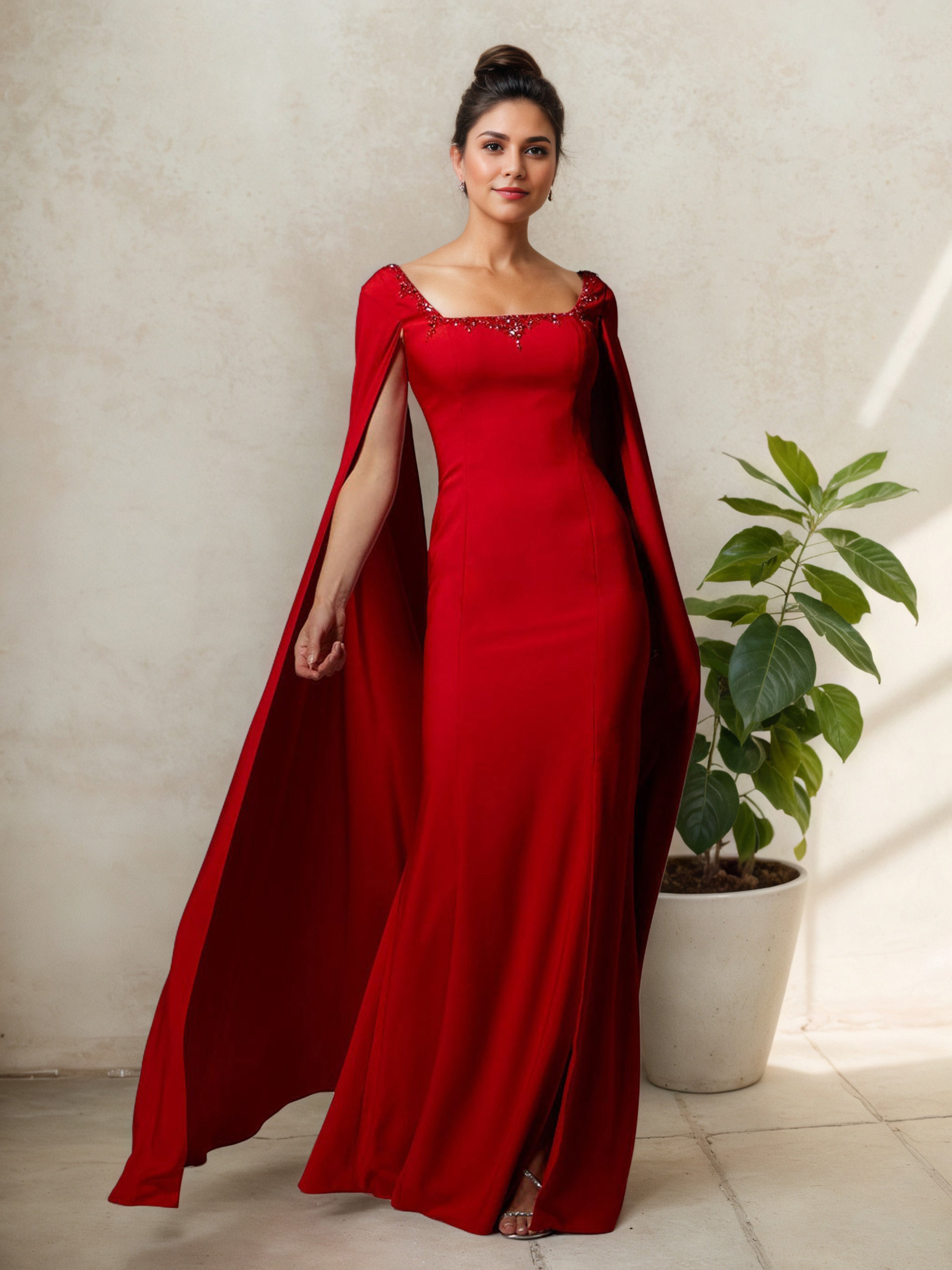 Sheath Red Square Neckline Detachable Fly-Away Sleeves Mother Of The Bride Dress Sheath Red Square Neckline Detachable Fly-Away Sleeves Mother Of The Bride Dress