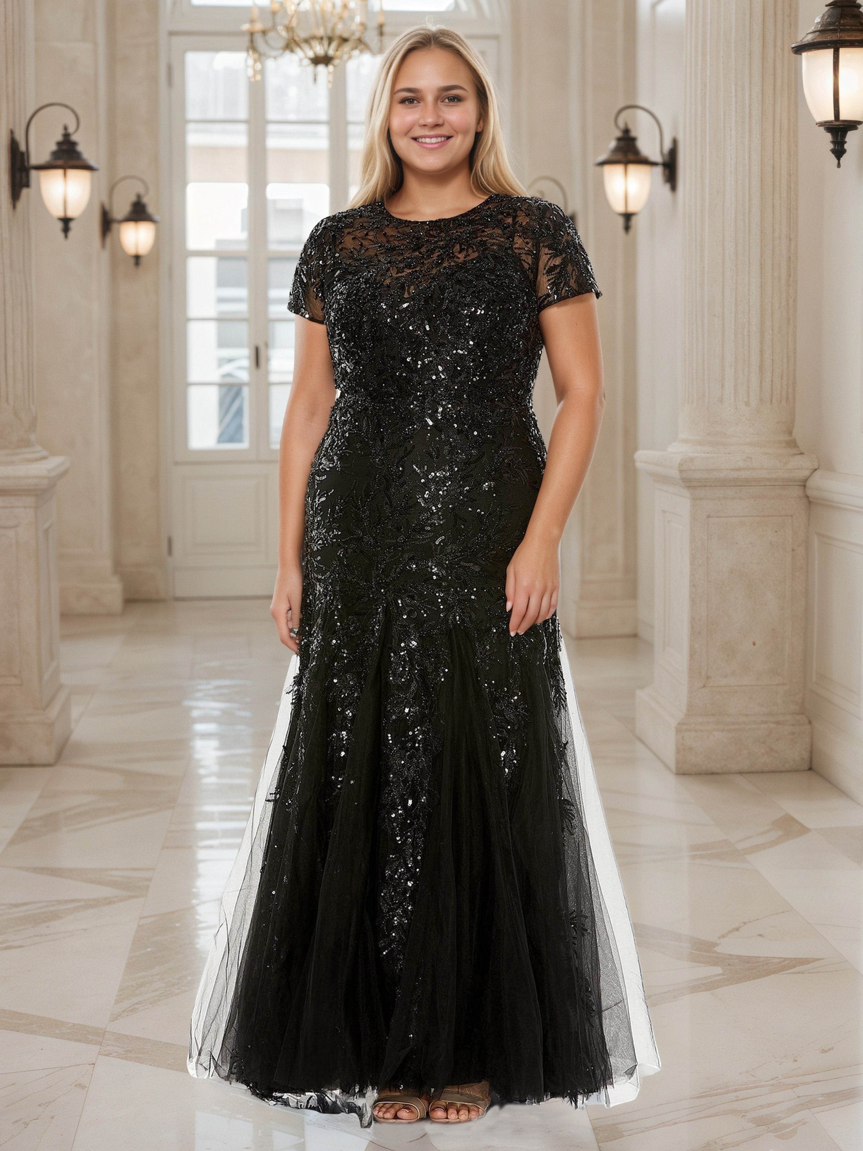 Modest Black Sequins Lace Long Tulle Plus Size Prom Dress Modest Black Sequins Lace Long Tulle Plus Size Prom Dress