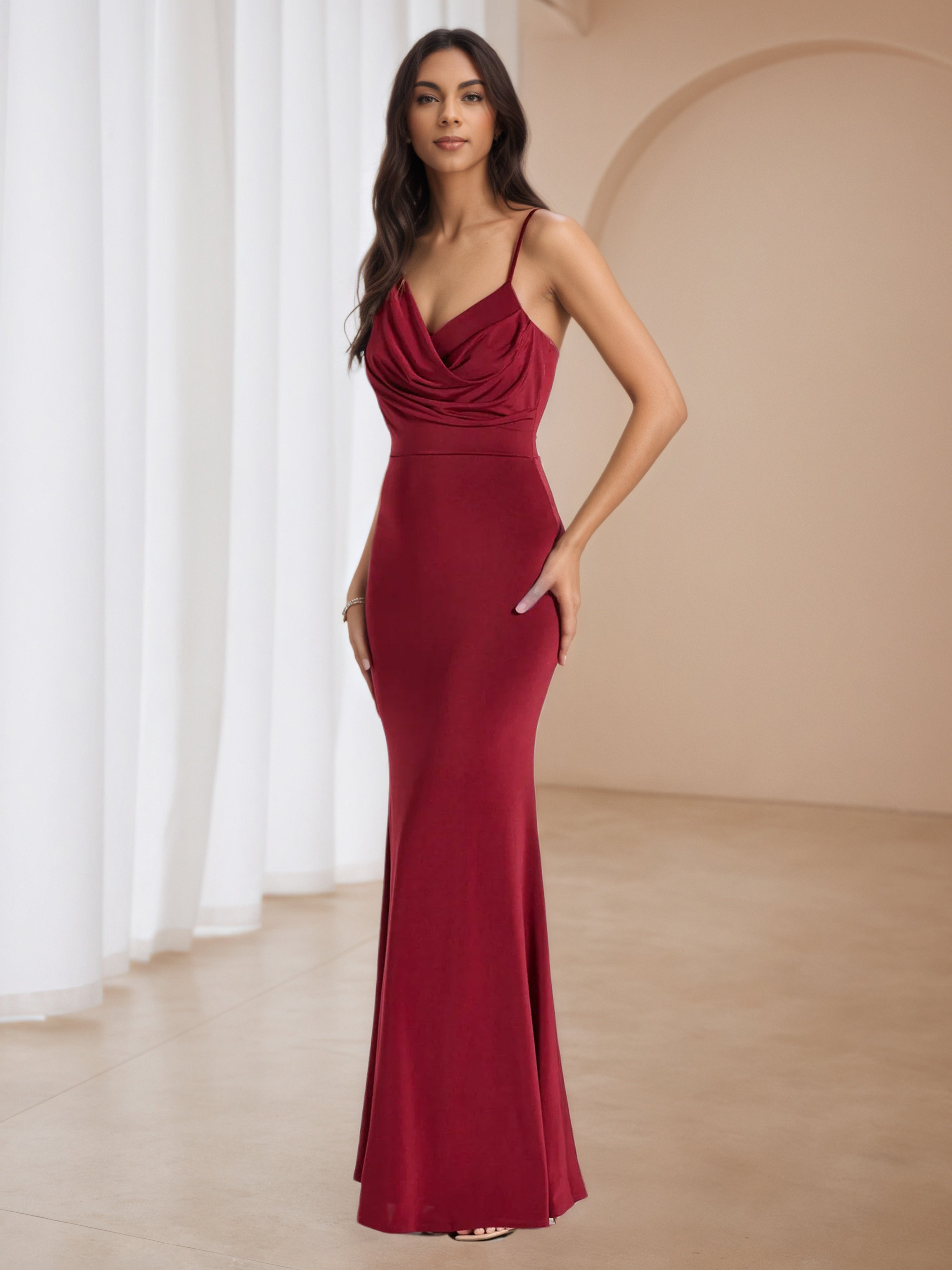 Spaghetti Straps V-Neck Burgundy Pleats Long Wedding Guest Dress