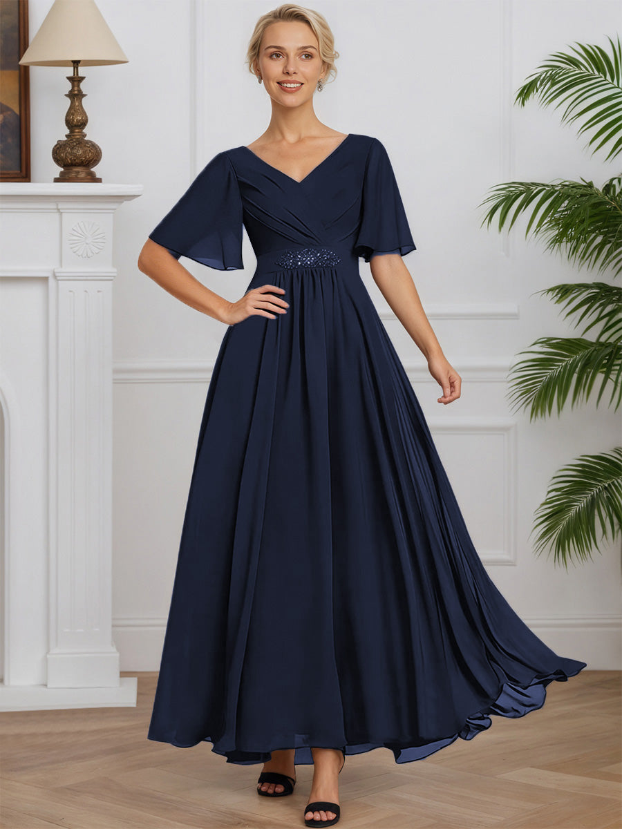 Cicinia Dark Navy Mother Of The Bride Dress Long Chiffon V-neck A-line Half Sleeves