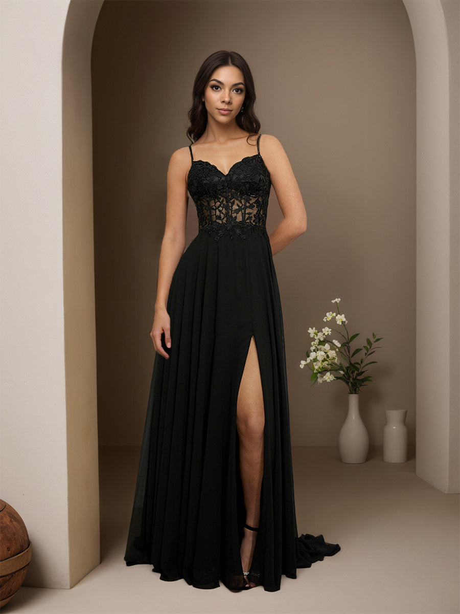 Cicinia Black Prom Dresses Long Chiffon A-line Appliques Lace Sweep Tr