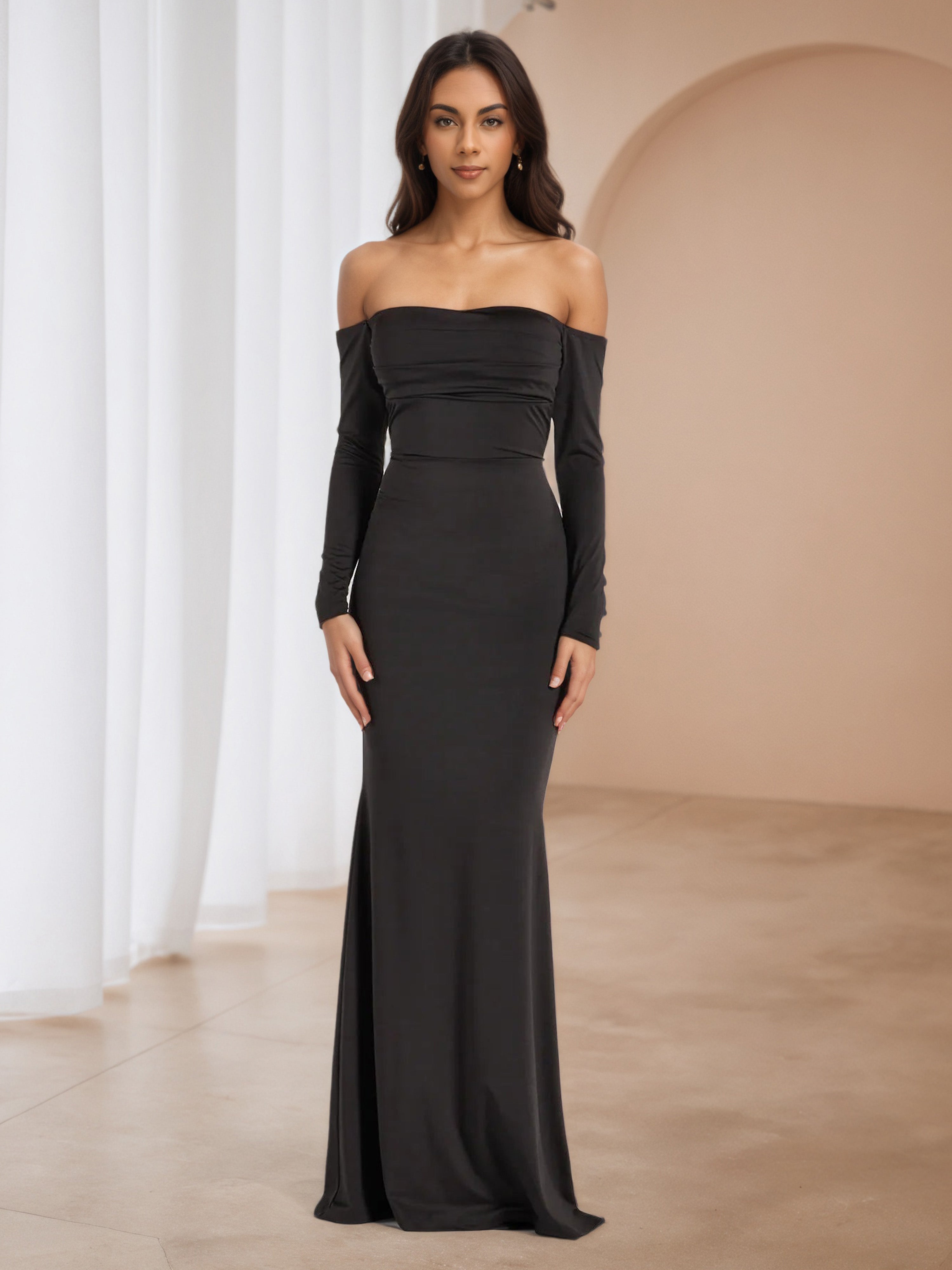 Long Sleeves Off The Shoulder Sweep/Brush Train Black Prom Dresses Long Sleeves Off The Shoulder Sweep/Brush Train Black Prom Dresses