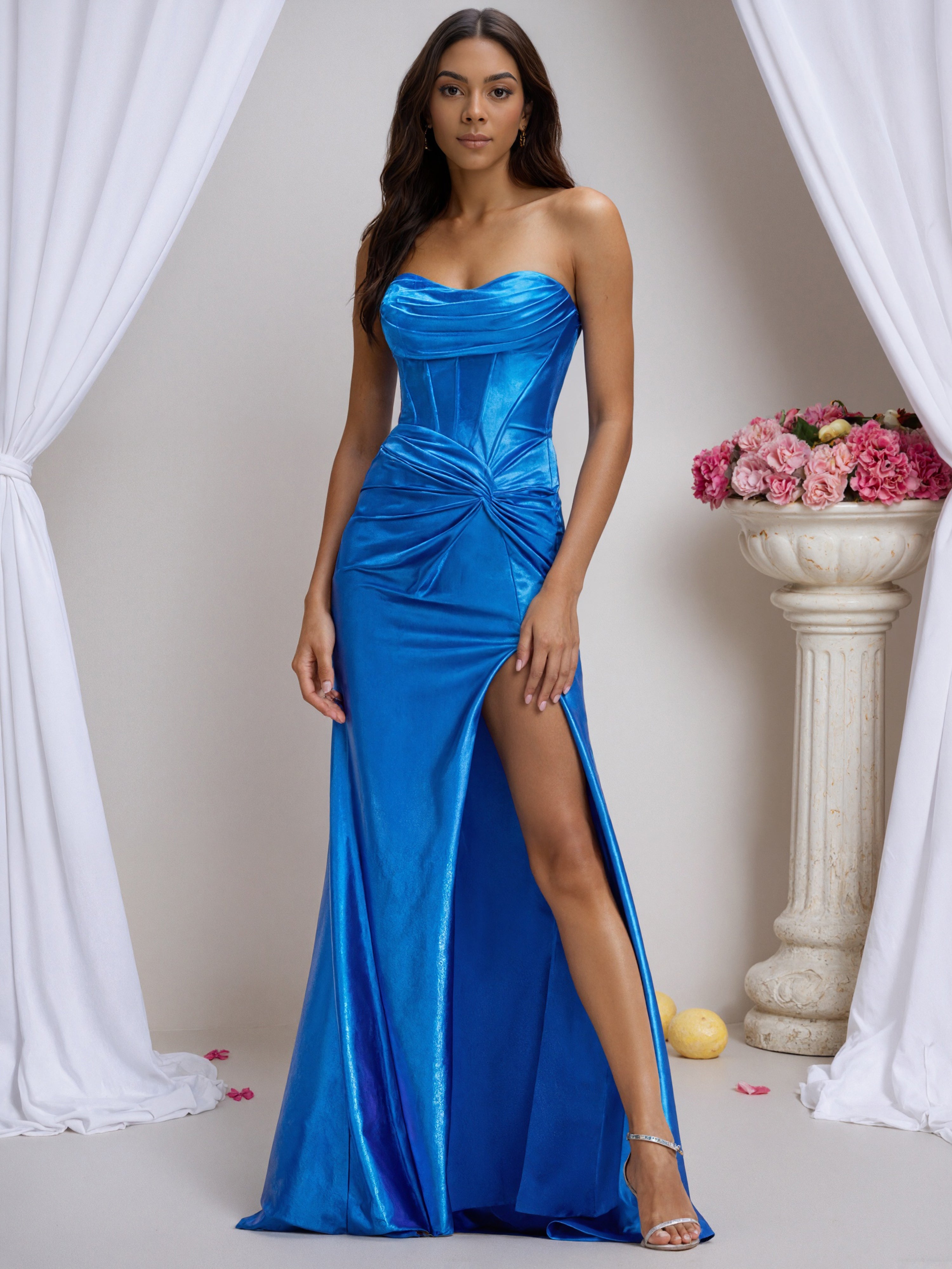 Ocean Blue Strapless Ruched Floor Length Prom Dress with Slit Ocean Blue Strapless Ruched Floor Length Prom Dress with Slit