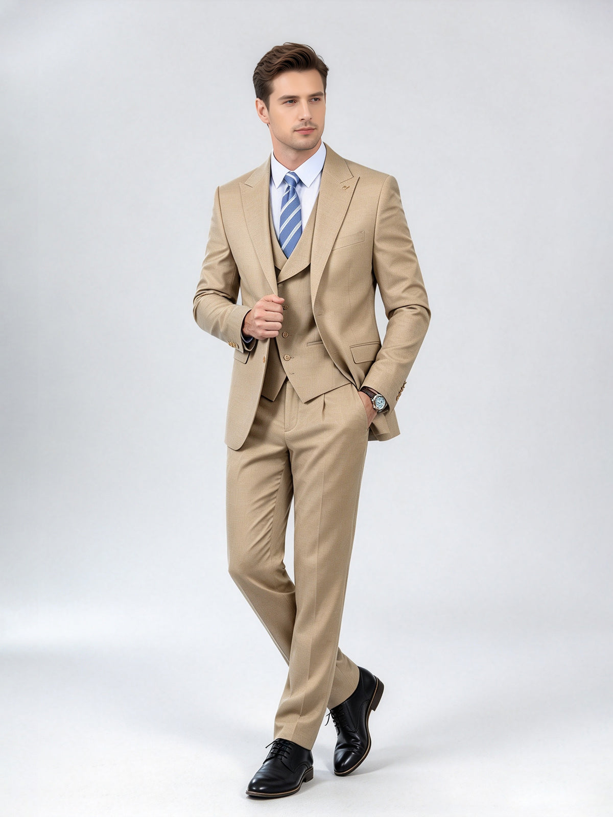 Cicinia Notch Lapel 3 Pieces Suit Solid Plain Jacket V Neck Vest Pleated Trousers Champagne Men's Suits