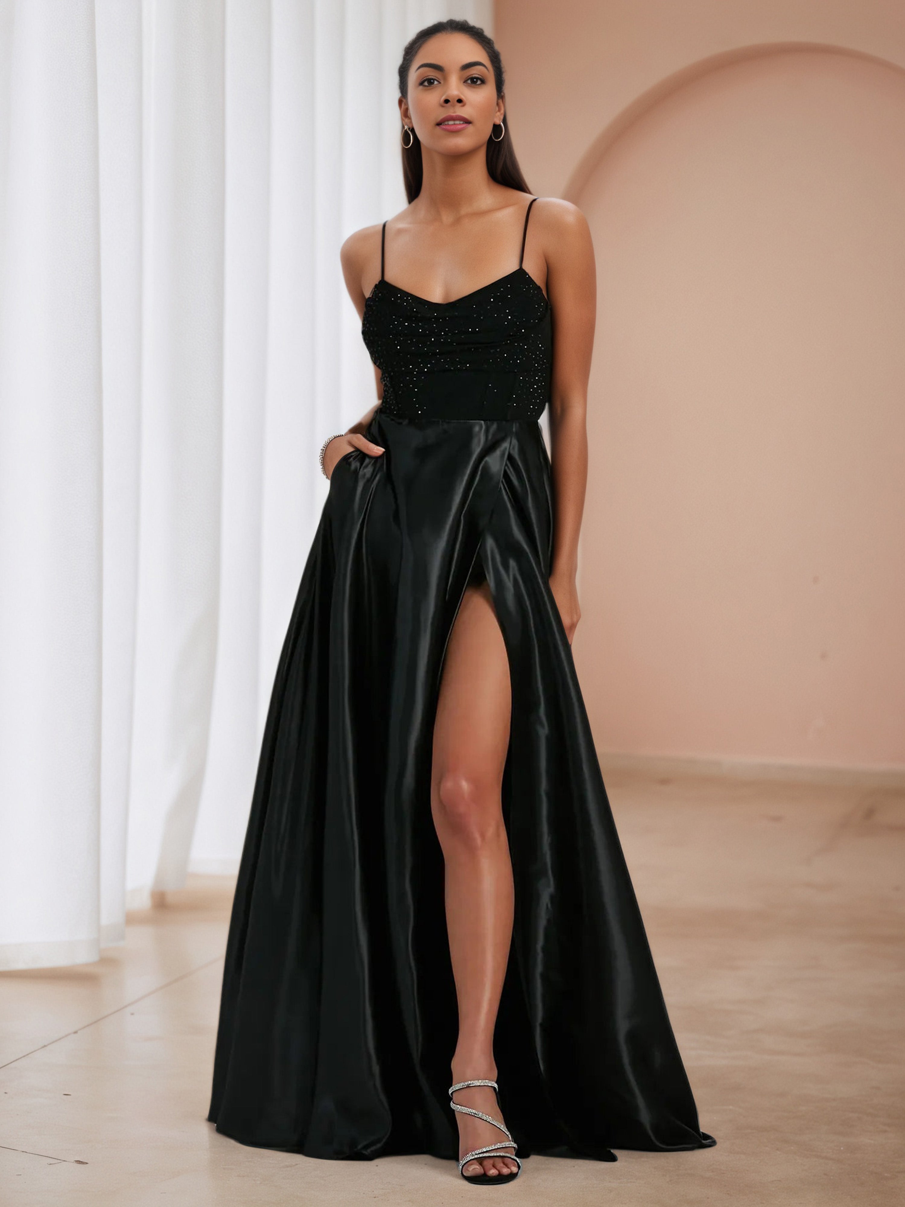A-Line V-Neck Satin Black Formal Dresses A-Line V-Neck Satin Black Formal Dresses