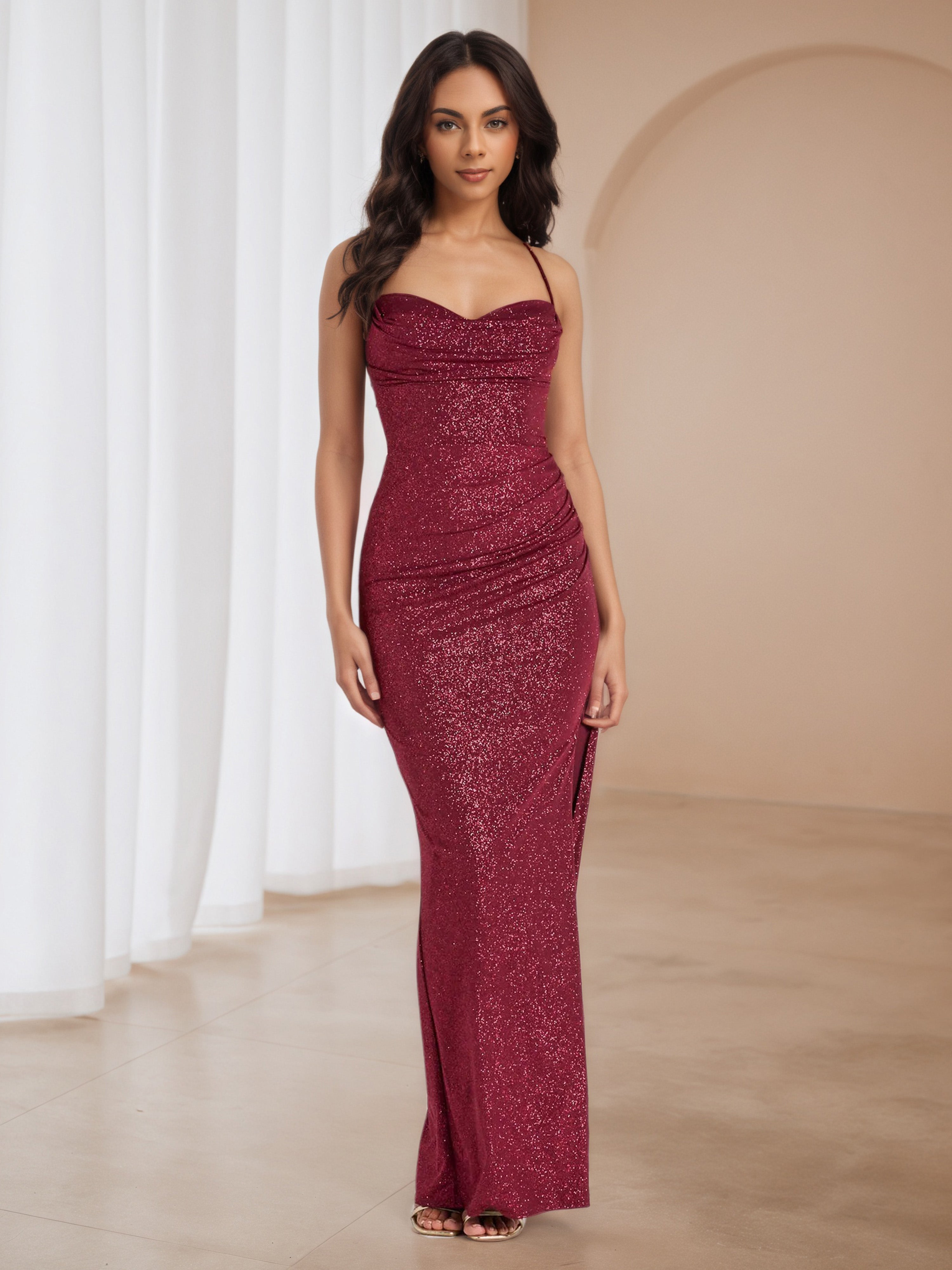 column dress Gold Floral Embellished Strapless neckline sets the stage for dramatic voluminous sleeves that billow over the shoulders and flow seamlessly into the deep Sheath/Column Dress Cinnamon Rose Spaghetti