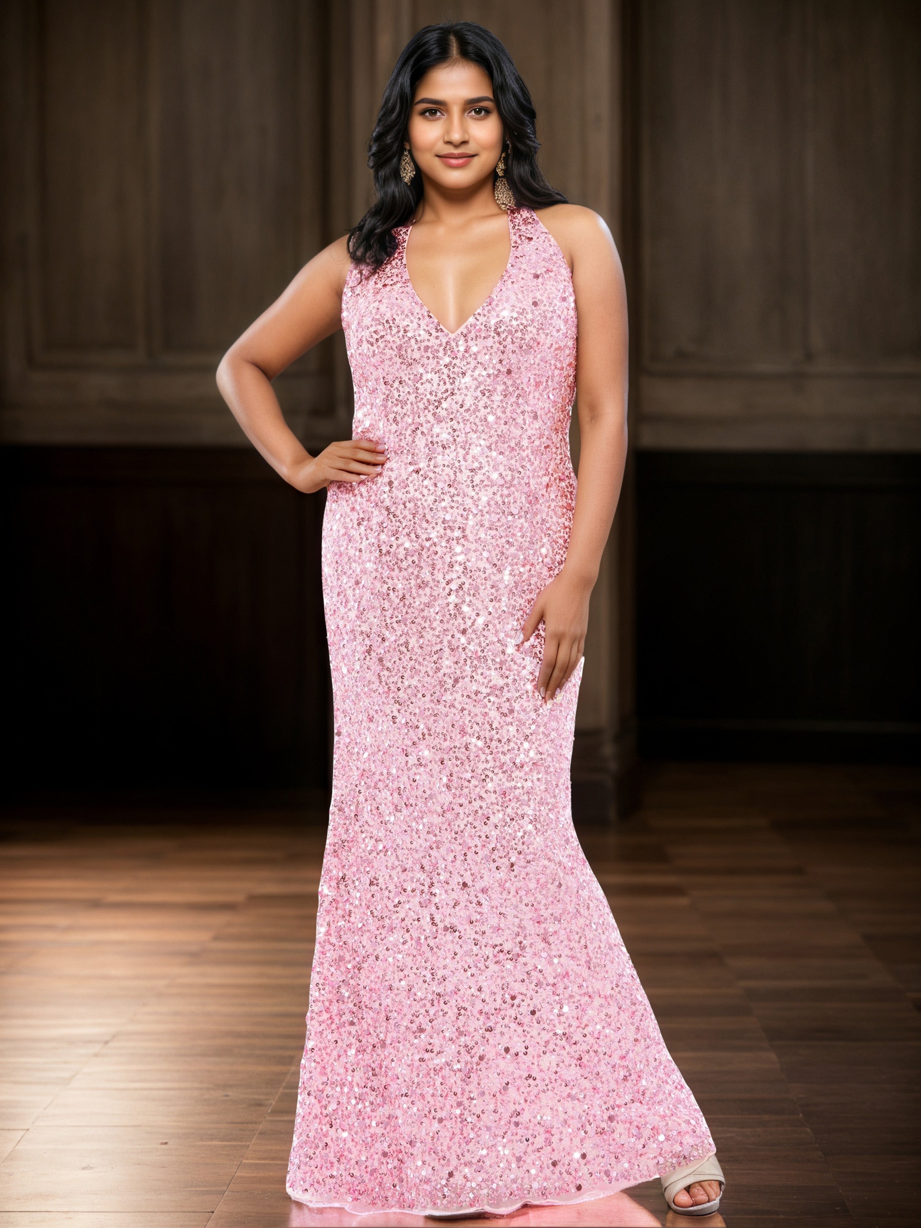 Sequin Shiny Halter Backless Long Sheath Pink Plus Size Prom Dresses Sequin Shiny Halter Backless Long Sheath Pink Plus Size Prom Dresses