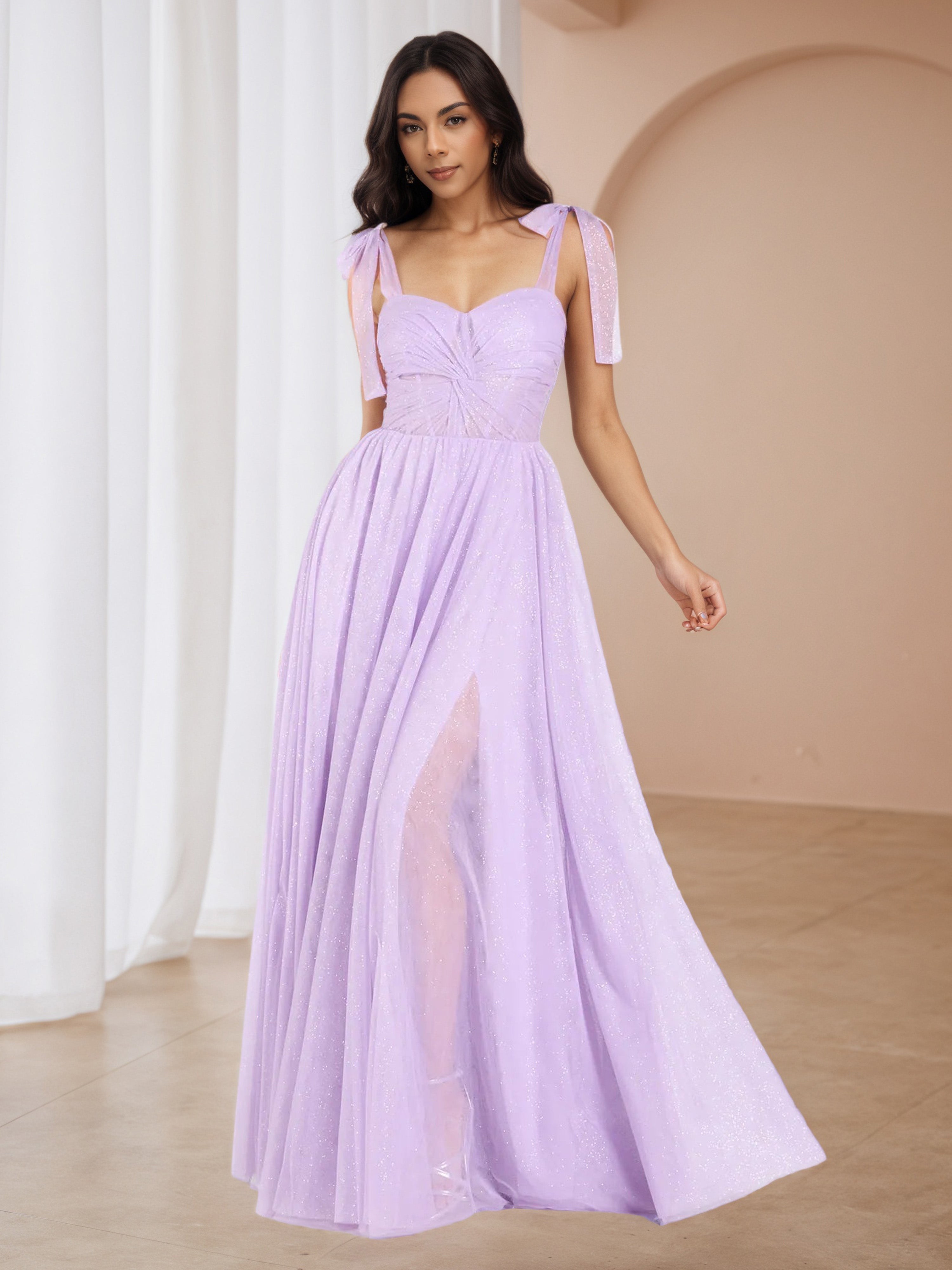 Glitter Lilac A-line Straps Long Wedding Guest Dress