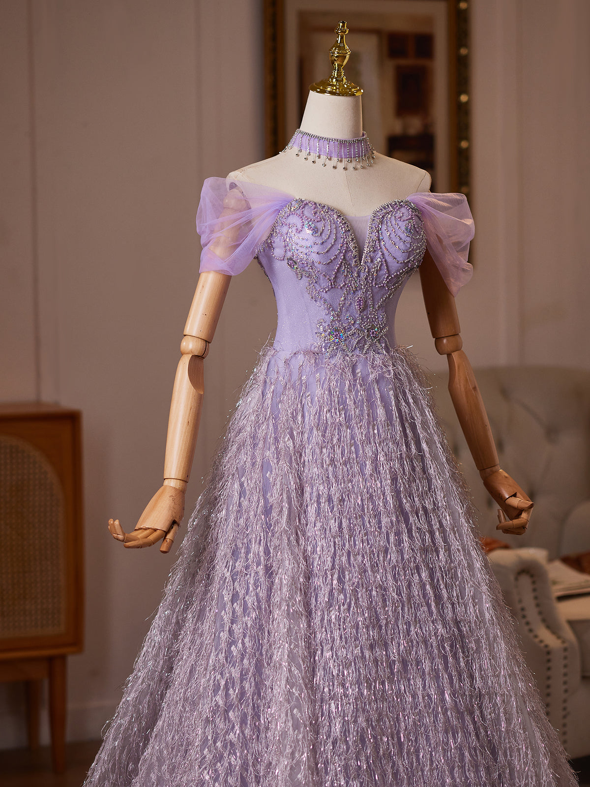 Cicinia Off The Shoulder Lilac Prom Dresses Long A-line Glitter Fringe Floor Length Formal Dresses