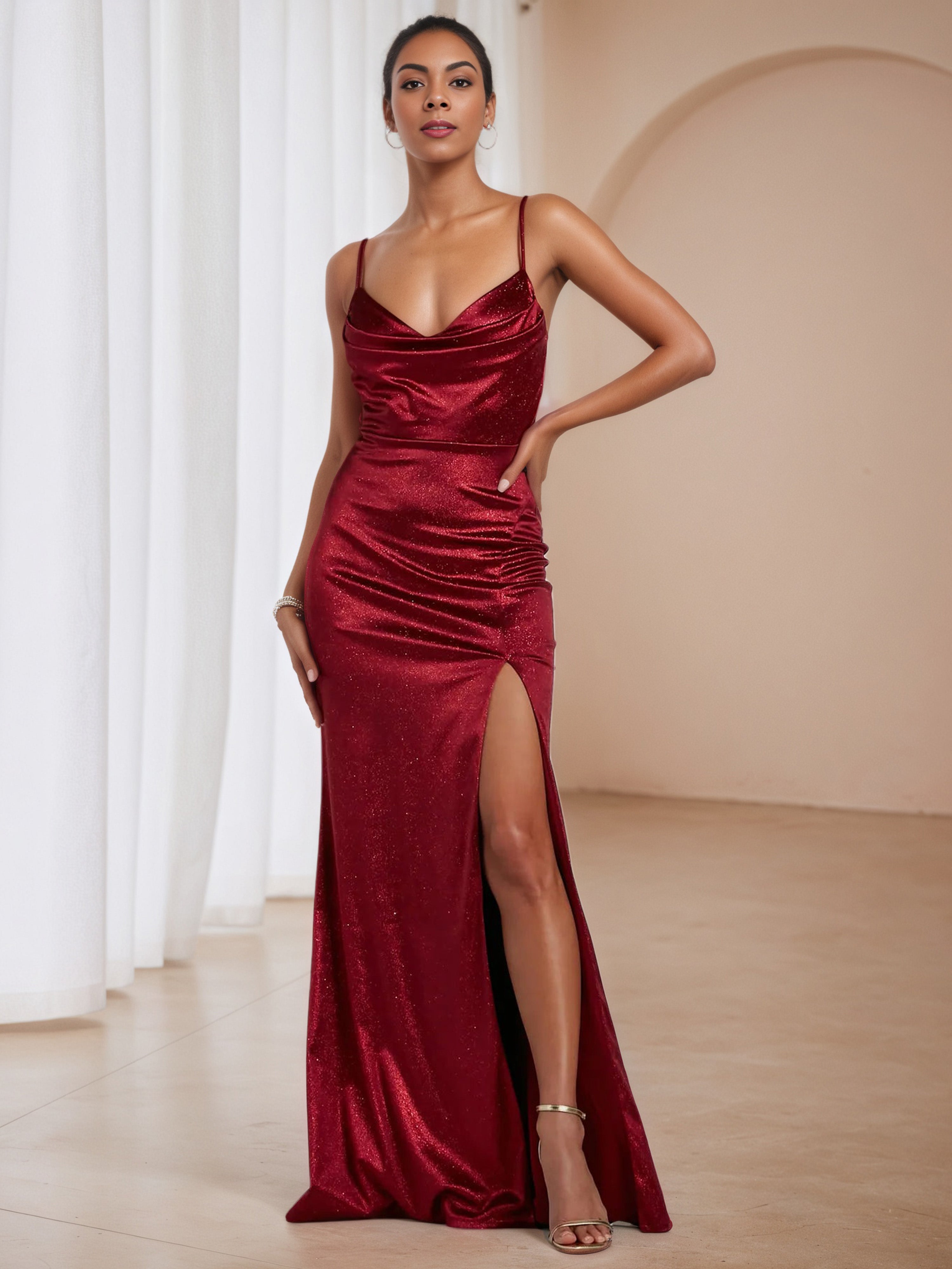 Burgundy Cowl Spaghetti Straps Sweep/Brush Train Prom Dress with Split