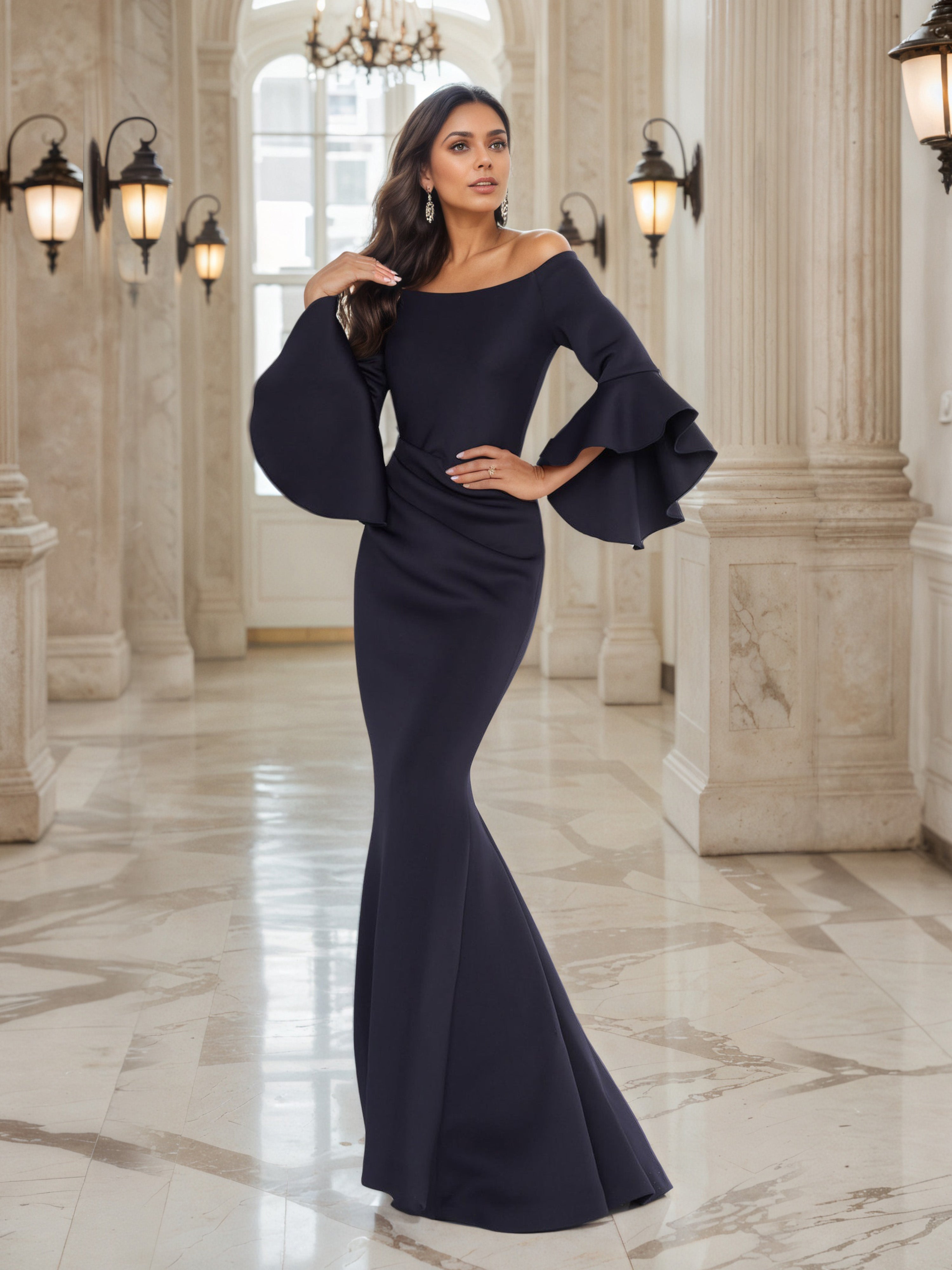 Dark Navy Mother of Bride Dresses Mermaid Off the Shoulder Bell Sleeves Mother of the Bride Dress Dark Navy Mother of Bride Dresses Mermaid Off the Shoulder Bell Sleeves Mother of the Bride Dress