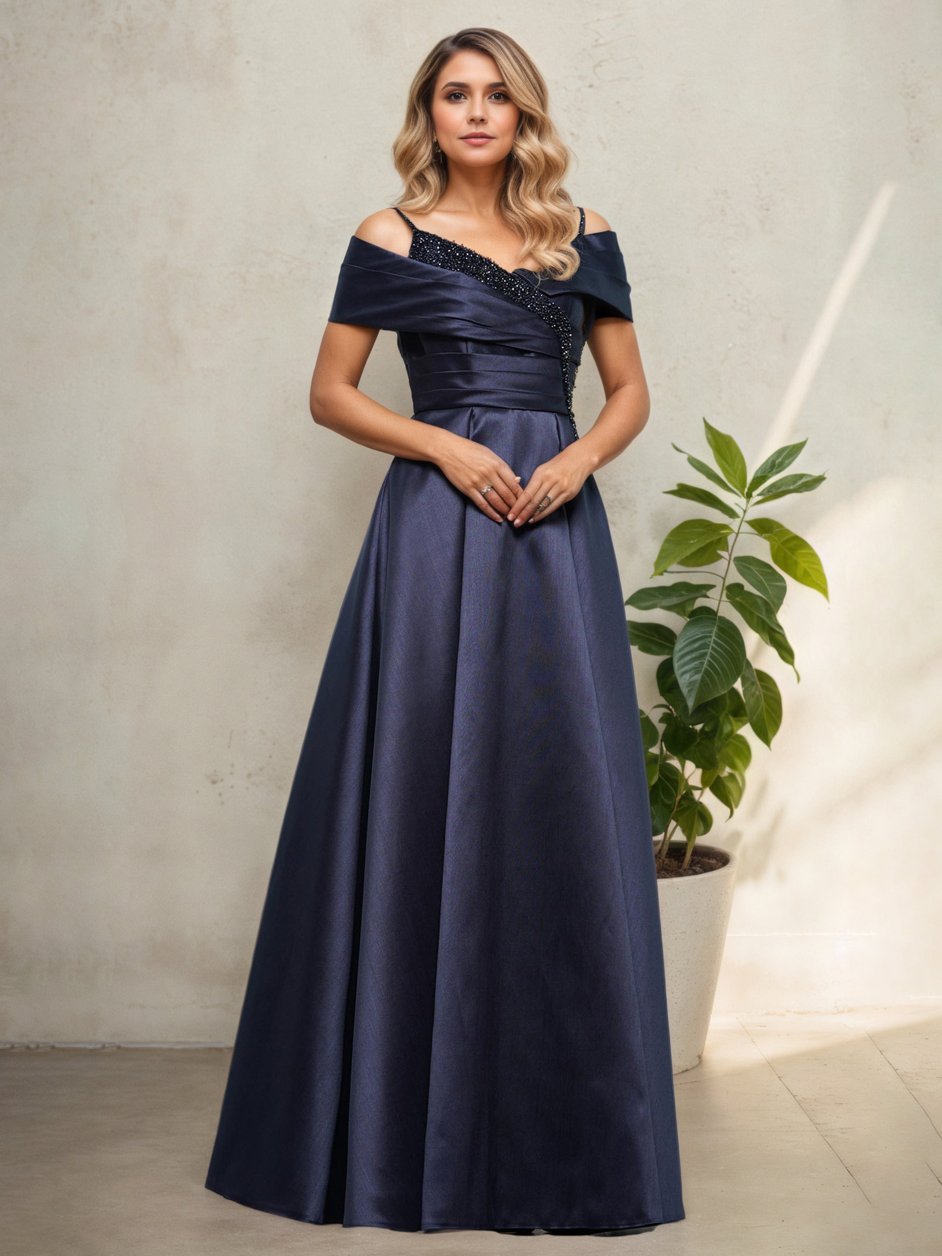 satin midnight blue dress Imelda Batwing Dress | Midnight Blue | S - 56 | Satin, Criss-Cross Bodice, Dolman Sleeves, Band Collar | Clothing