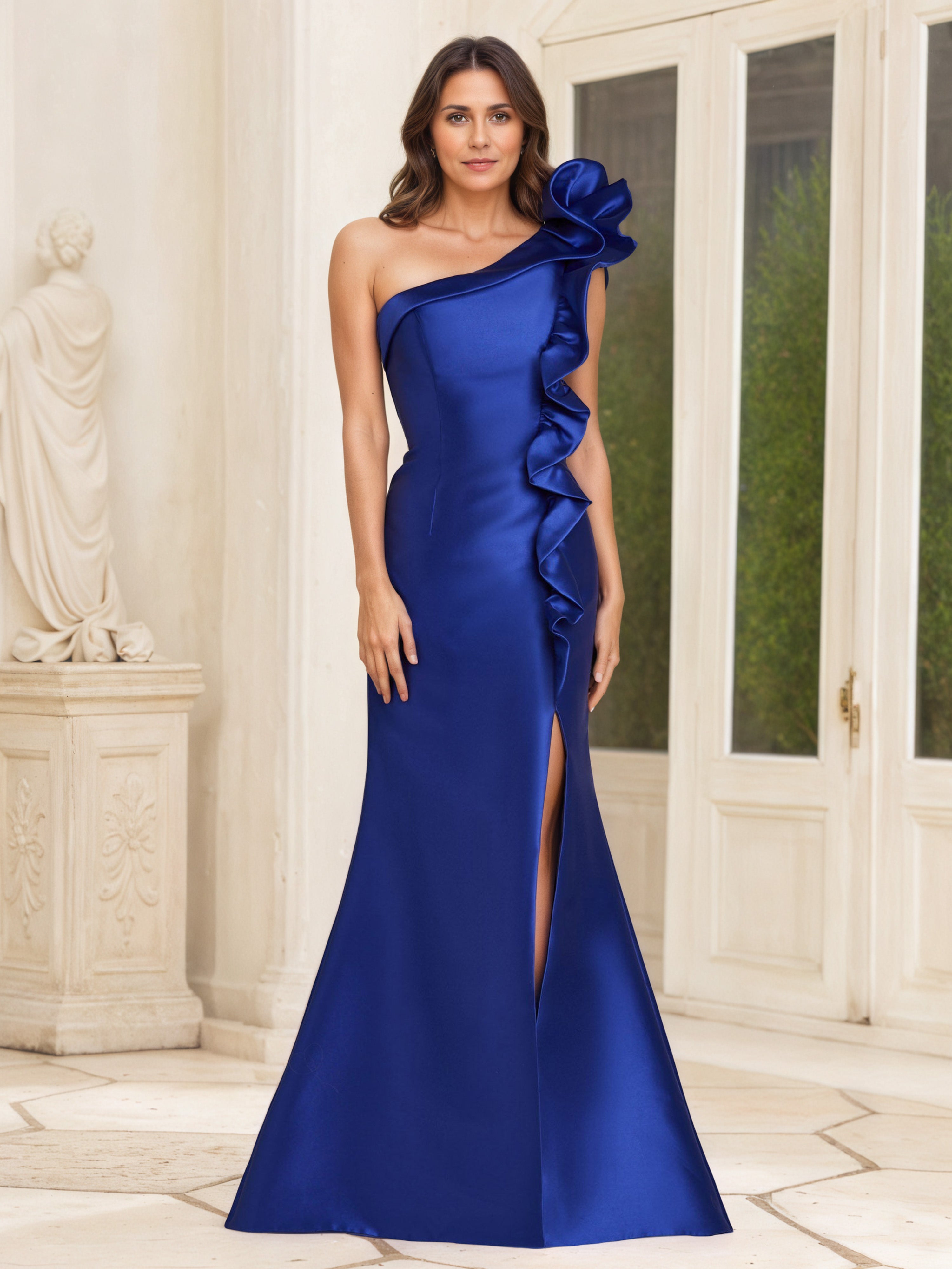 Ruffle One Shoulder Royal Blue Mother Of The Bride Dress with Split Ruffle One Shoulder Royal Blue Mother Of The Bride Dress with Split