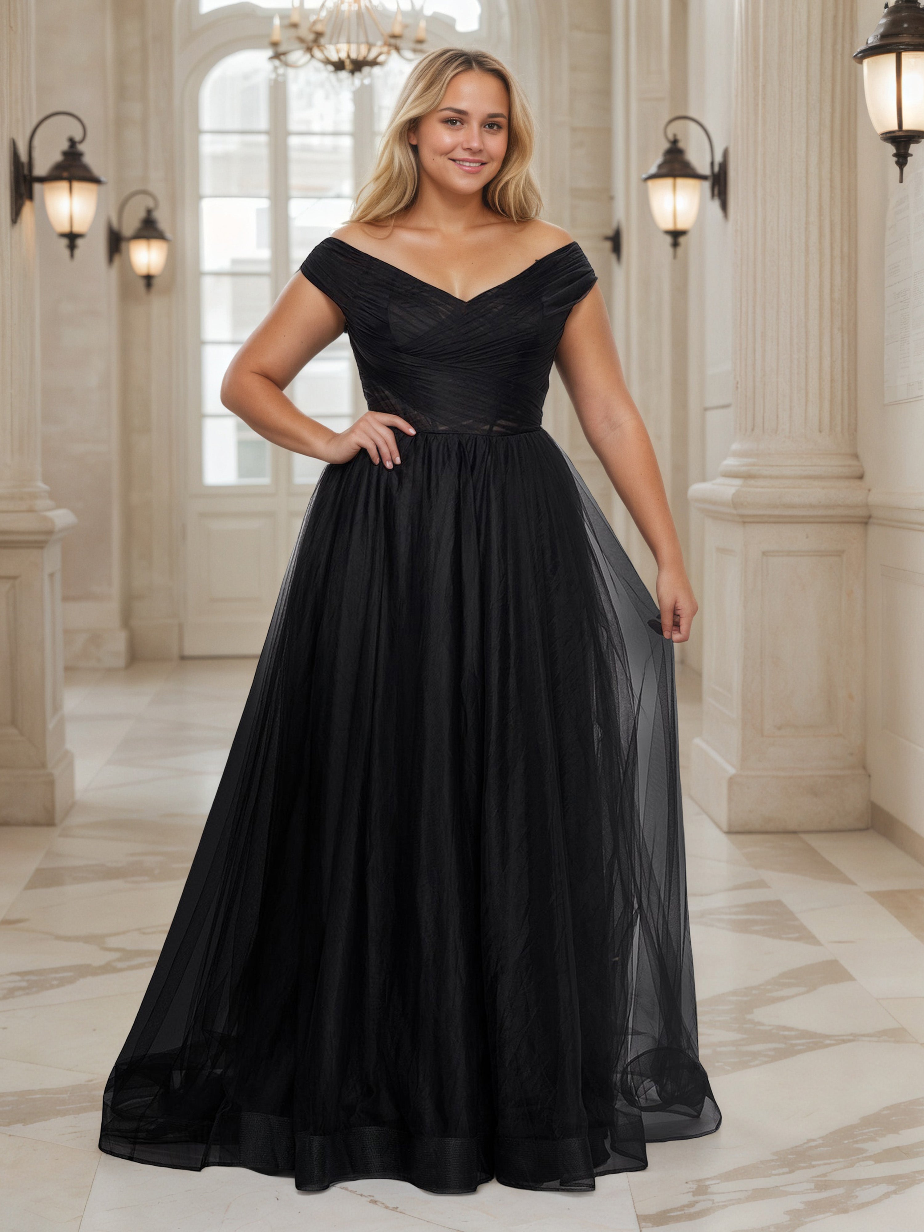 Elegant Floor Length Off The Shoulder Black Tulle Prom Dress With High Split Elegant Floor Length Off The Shoulder Black Tulle Prom Dress With High Split