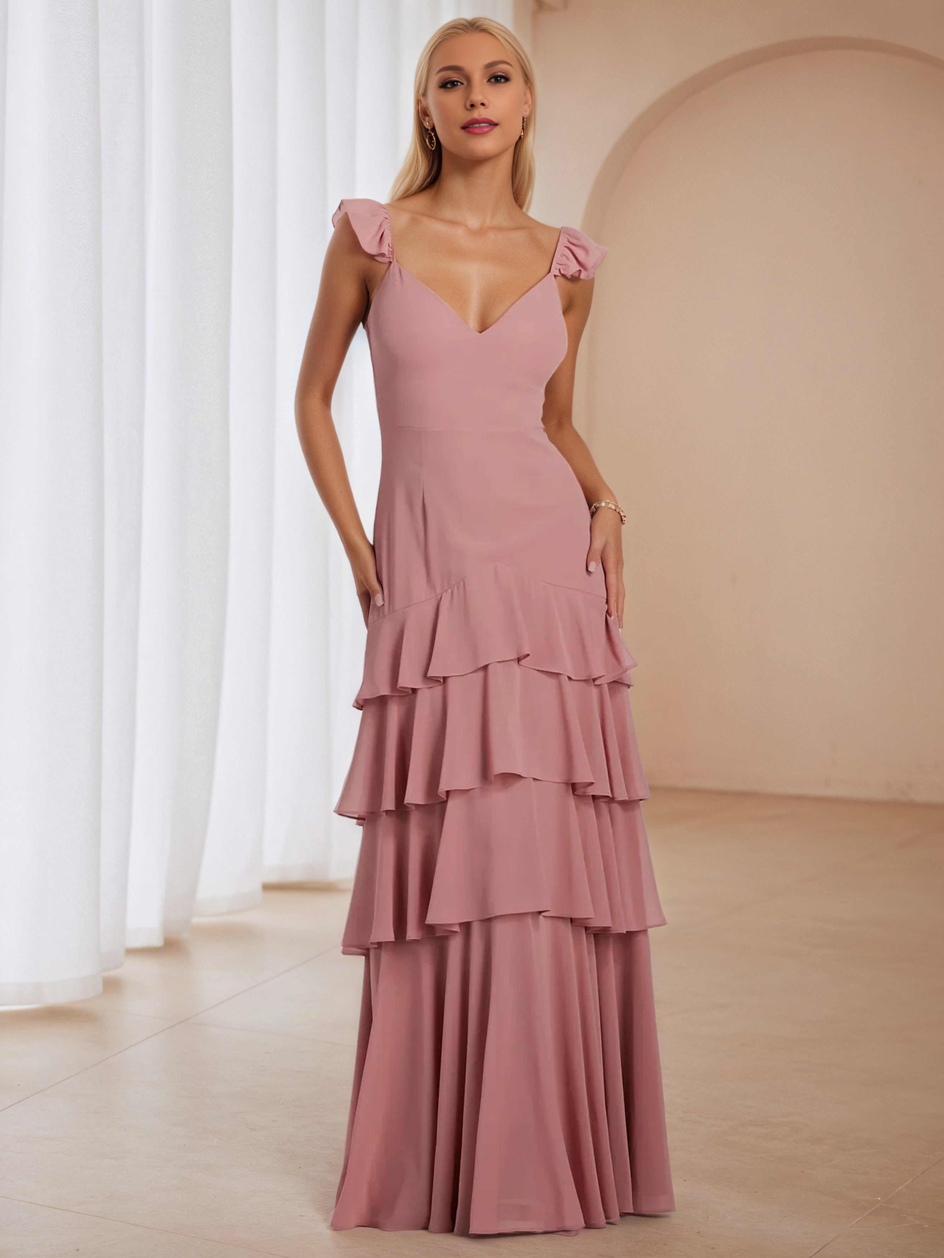 Sheath Dusty Rose Layers V-Neck Wedding Guest Dress Sheath Dusty Rose Layers V-Neck Wedding Guest Dress