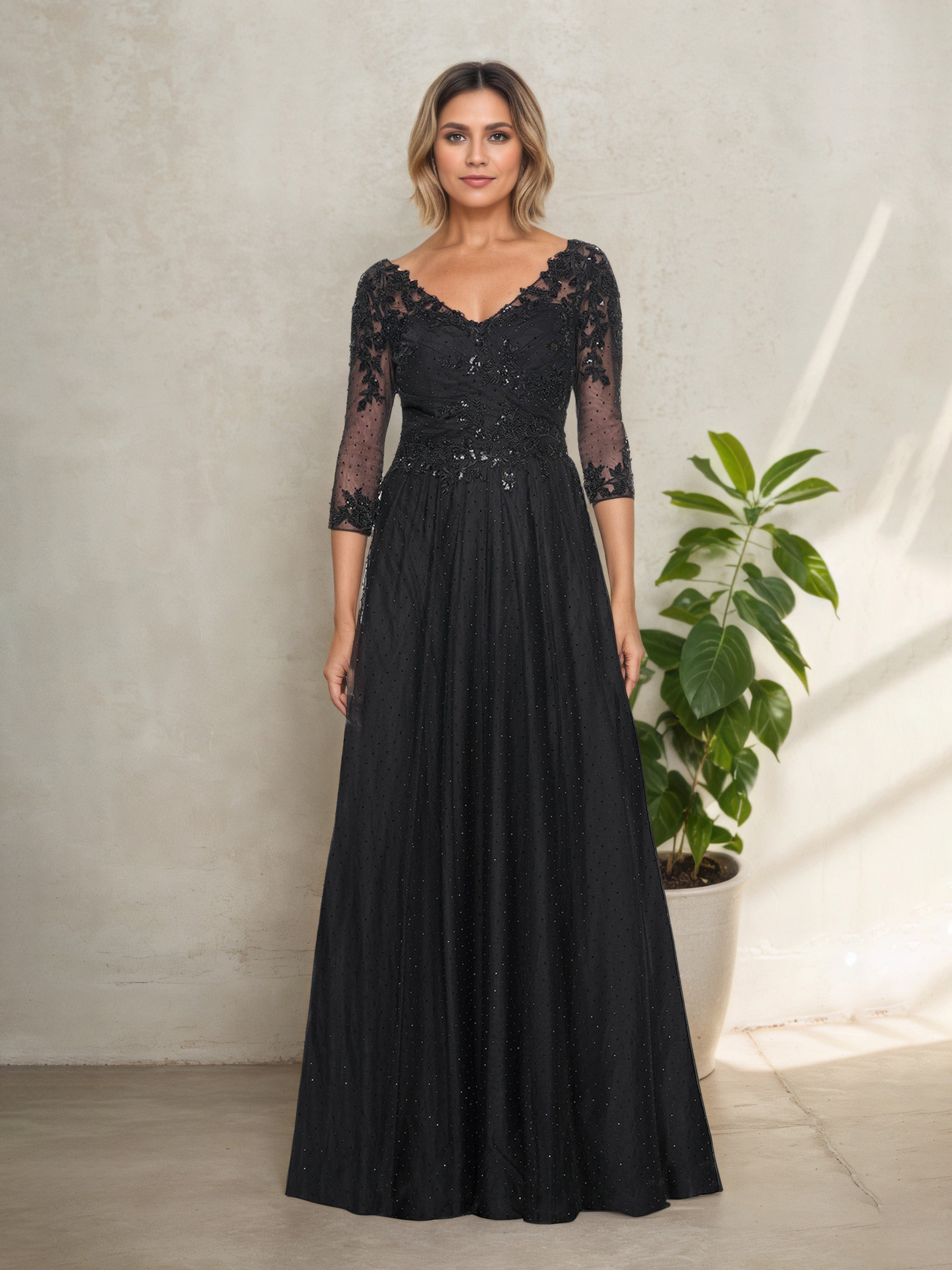V-Neck Short 3/4 Sleeves Floor Length A-Line Mother Of The Bride Dress in Black V-Neck Short 3/4 Sleeves Floor Length A-Line Mother Of The Bride Dress in Black