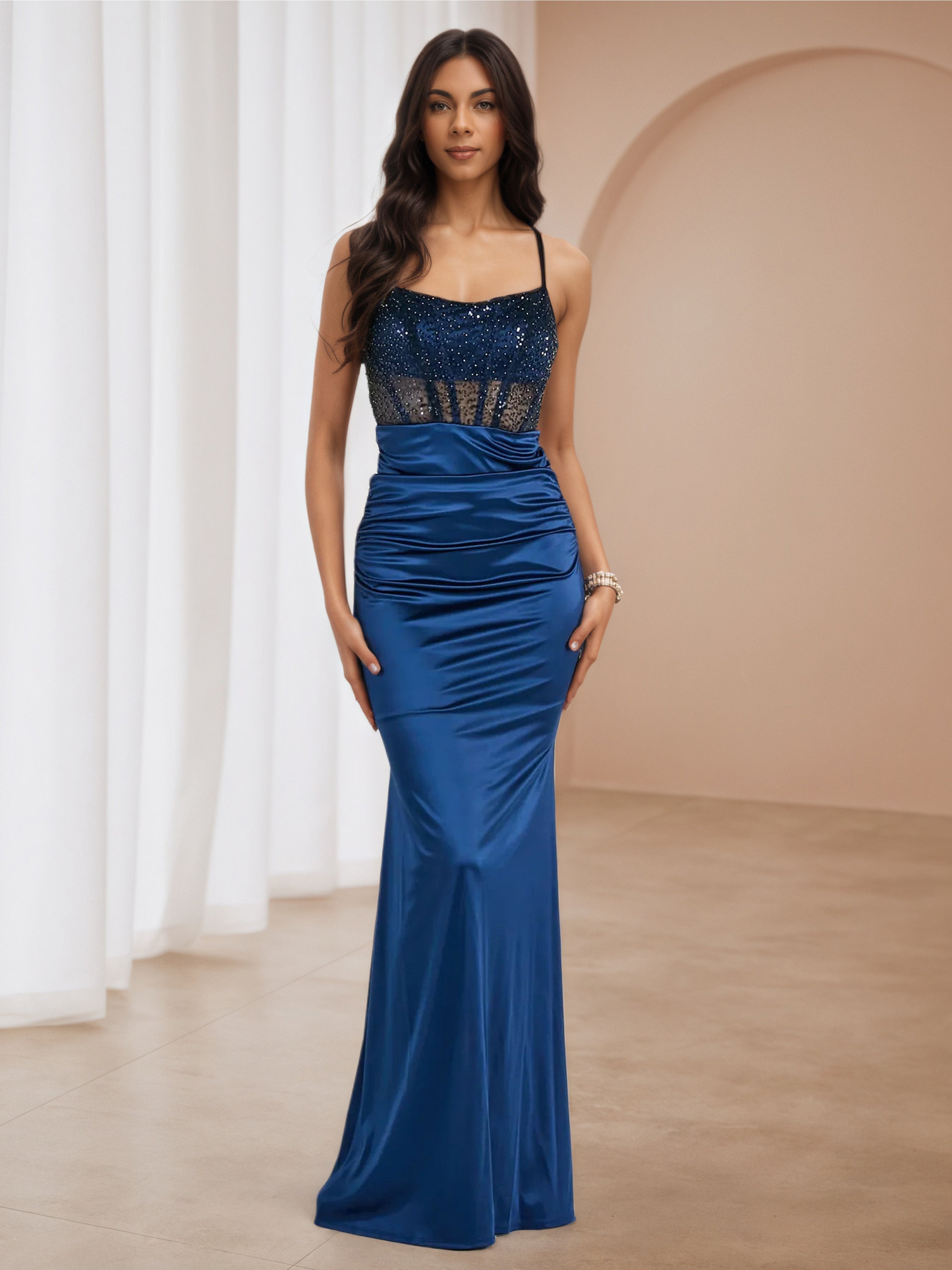 Sweep/Brush Train Spaghetti Straps Navy Blue Prom Dresses