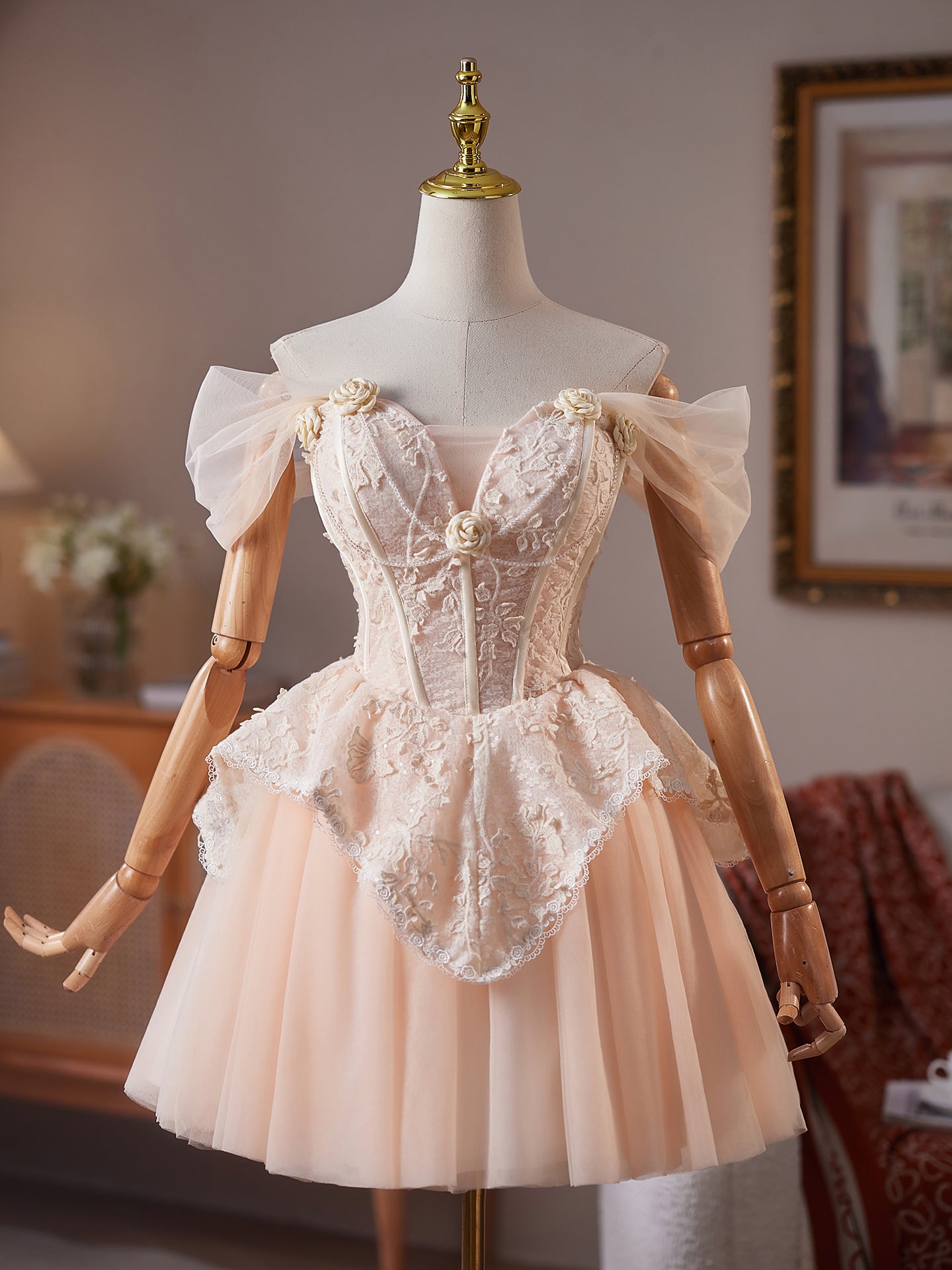 New Arrival A Line Champagne Off The Shoulder Homecoming Dress with 3D New Arrival A Line Champagne Off The Shoulder Homecoming Dress with 3D