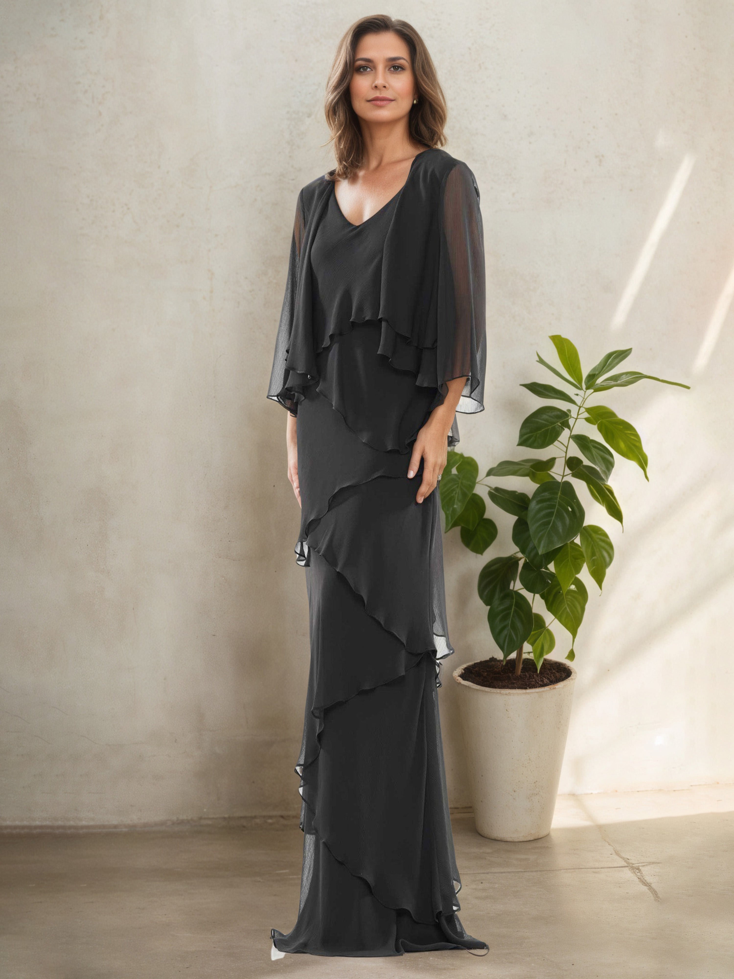 black dress with layers Black V-Neck Dress Layers 3/4 Sleeves Long Sheath Mother Of The Bride Dress Suits