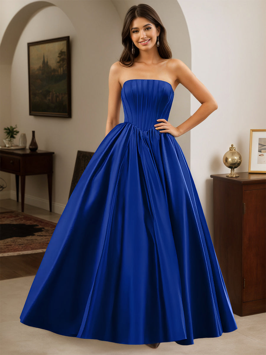 Cicinia Royal Blue Prom Dresses Long A-line Satin Strapless Floor Leng