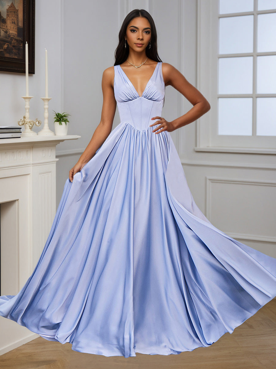 Cicinia Sky Blue Prom Dresses Long Soft Satin A-line Evening Dress
