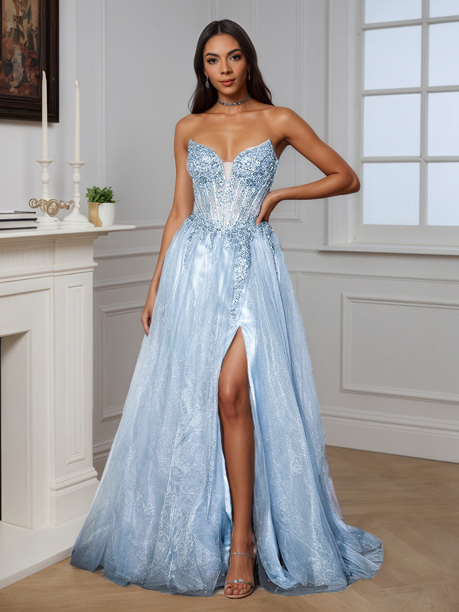 Cicinia Sky Blue Prom Dresses Long Glitter Tulle A-line Party Dress Cicinia Sky Blue Prom Dresses Long Glitter Tulle A-line Party Dress