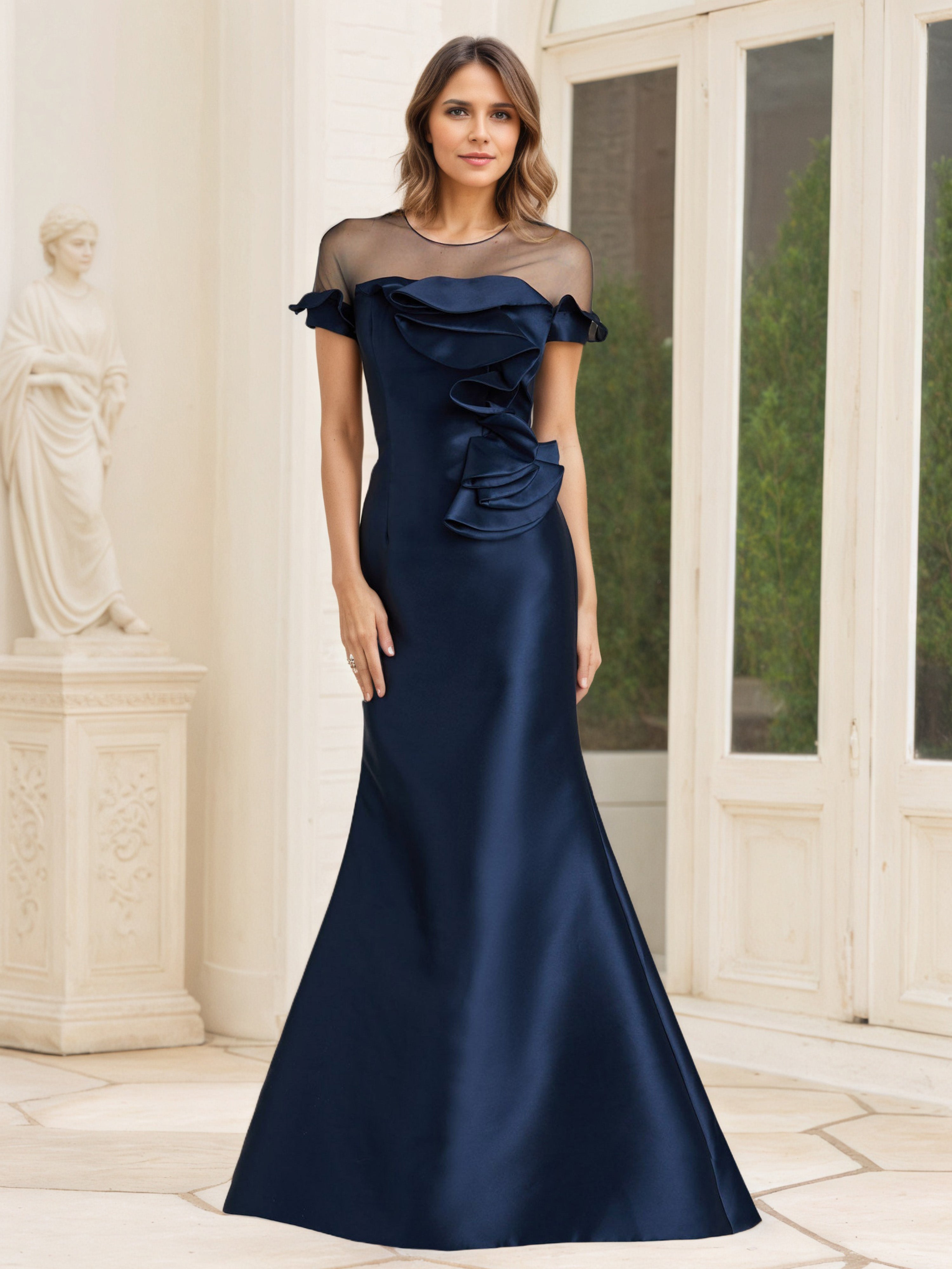 Sheer Neck Short Sleeves Sheath Dark Navy Mother Of The Bride Dress Sheer Neck Short Sleeves Sheath Dark Navy Mother Of The Bride Dress