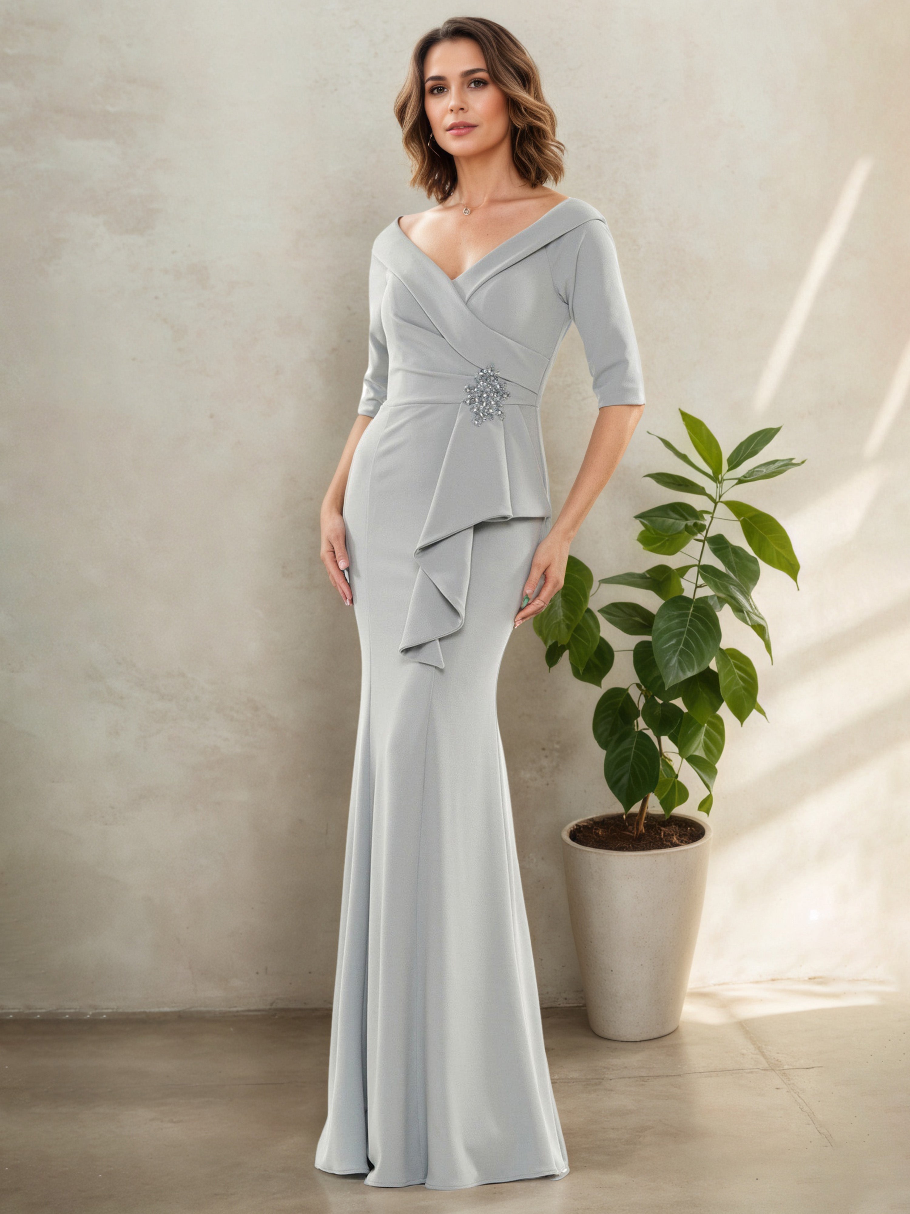 Half Sleeves V-Neck Silver Beading Mother Of The Bride Dress Half Sleeves V-Neck Silver Beading Mother Of The Bride Dress