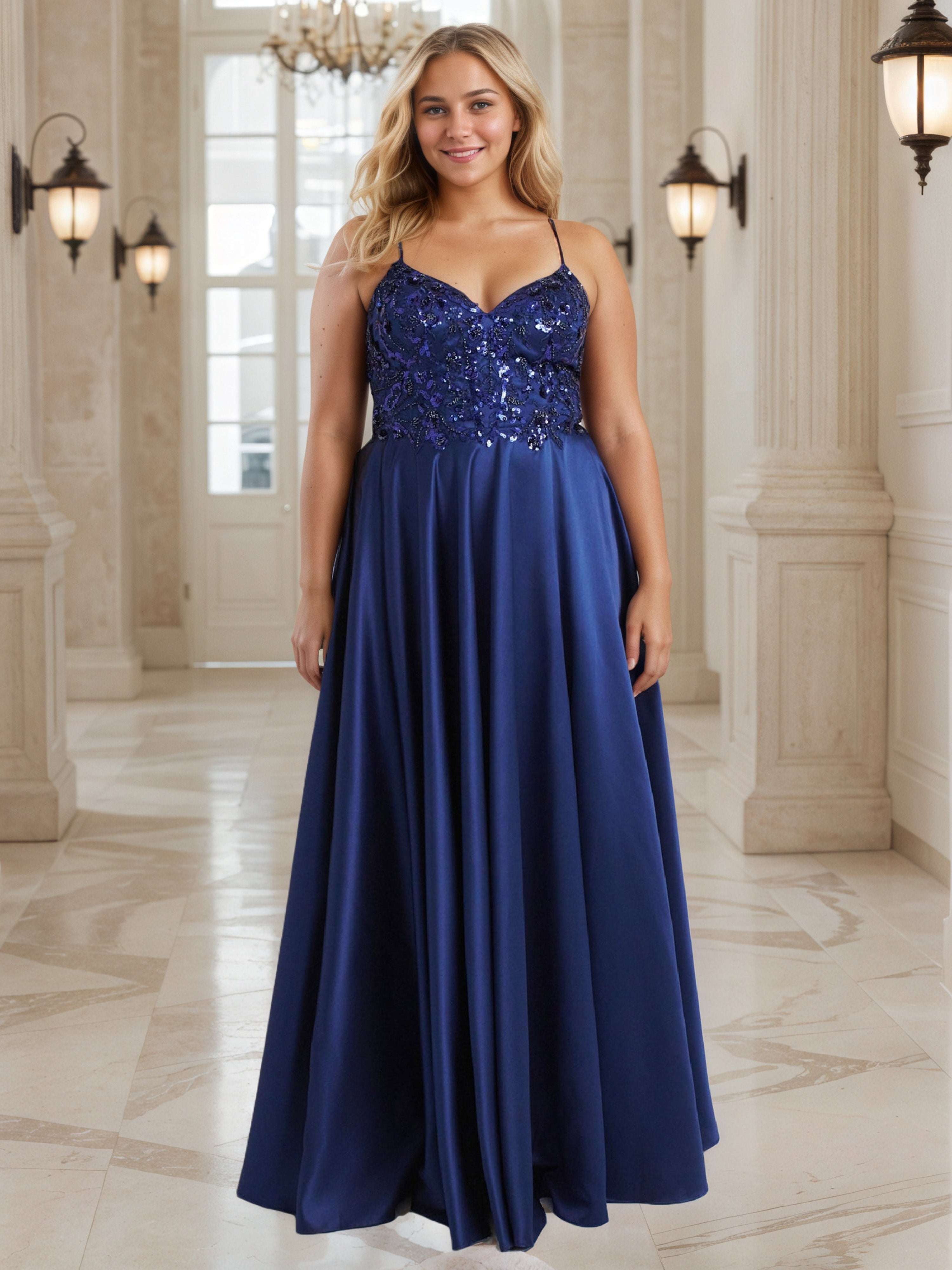 Navy Blue A-Line Sweep Train Spaghetti Straps Plus Size Long Prom Dress Navy Blue A-Line Sweep Train Spaghetti Straps Plus Size Long Prom Dress