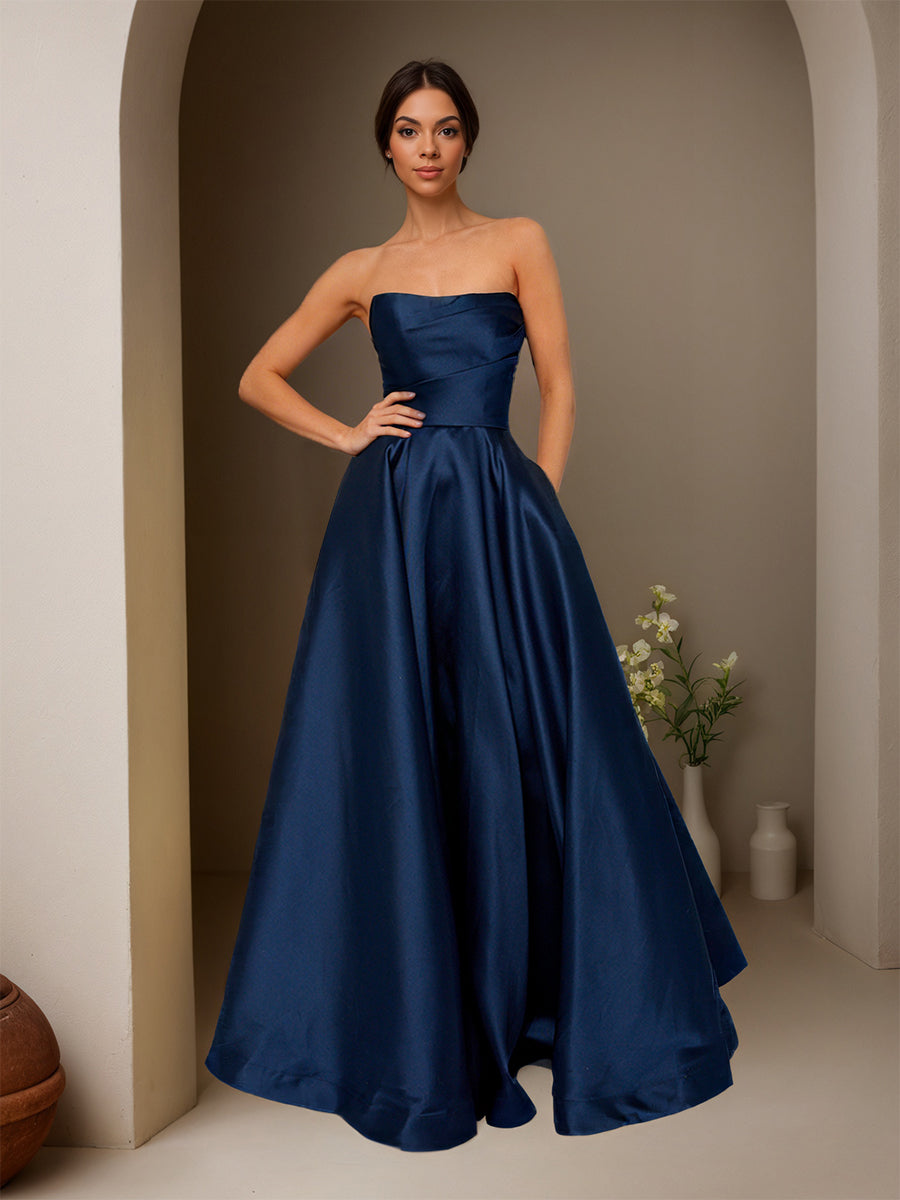 silk navy blue prom dress Cicinia Dark Navy Prom Dresses Long Satin A-line Floor Length Strapless Chic