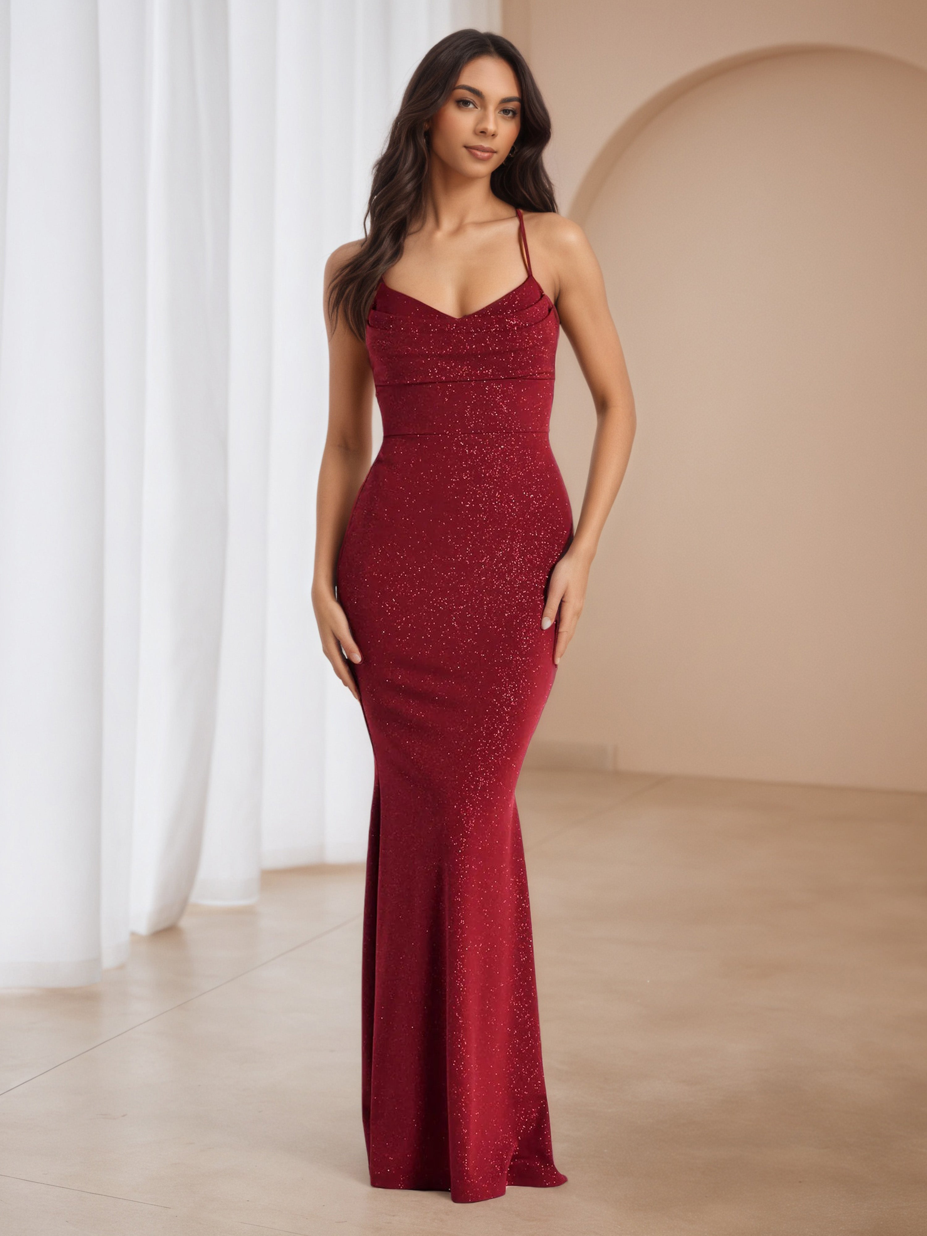 Burgundy Spaghetti Straps V-Neck Wedding Guest Dress Burgundy Spaghetti Straps V-Neck Wedding Guest Dress