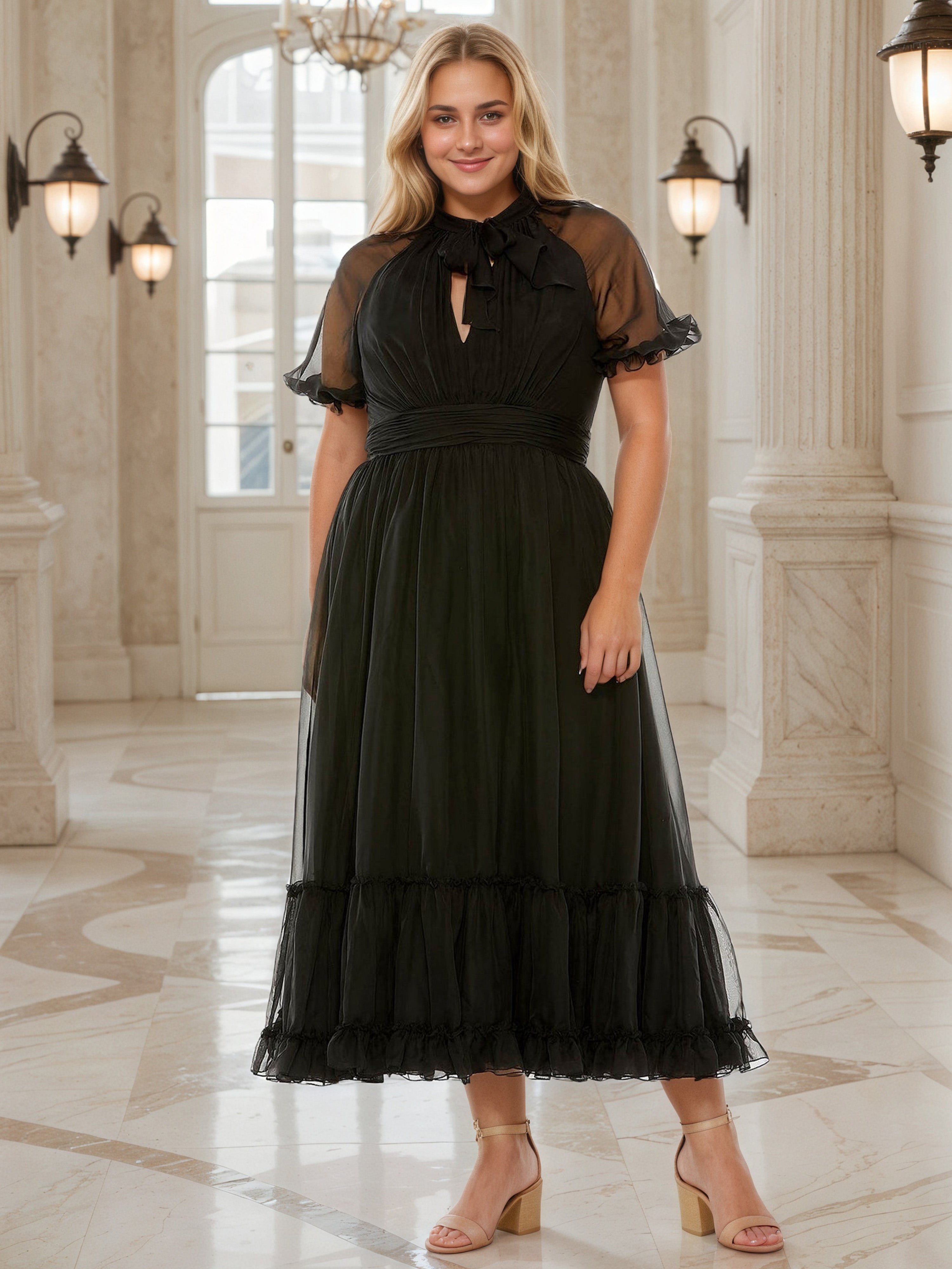 Elegant Black Short Sleeves Tea Length Plus Size Prom Dress Elegant Black Short Sleeves Tea Length Plus Size Prom Dress
