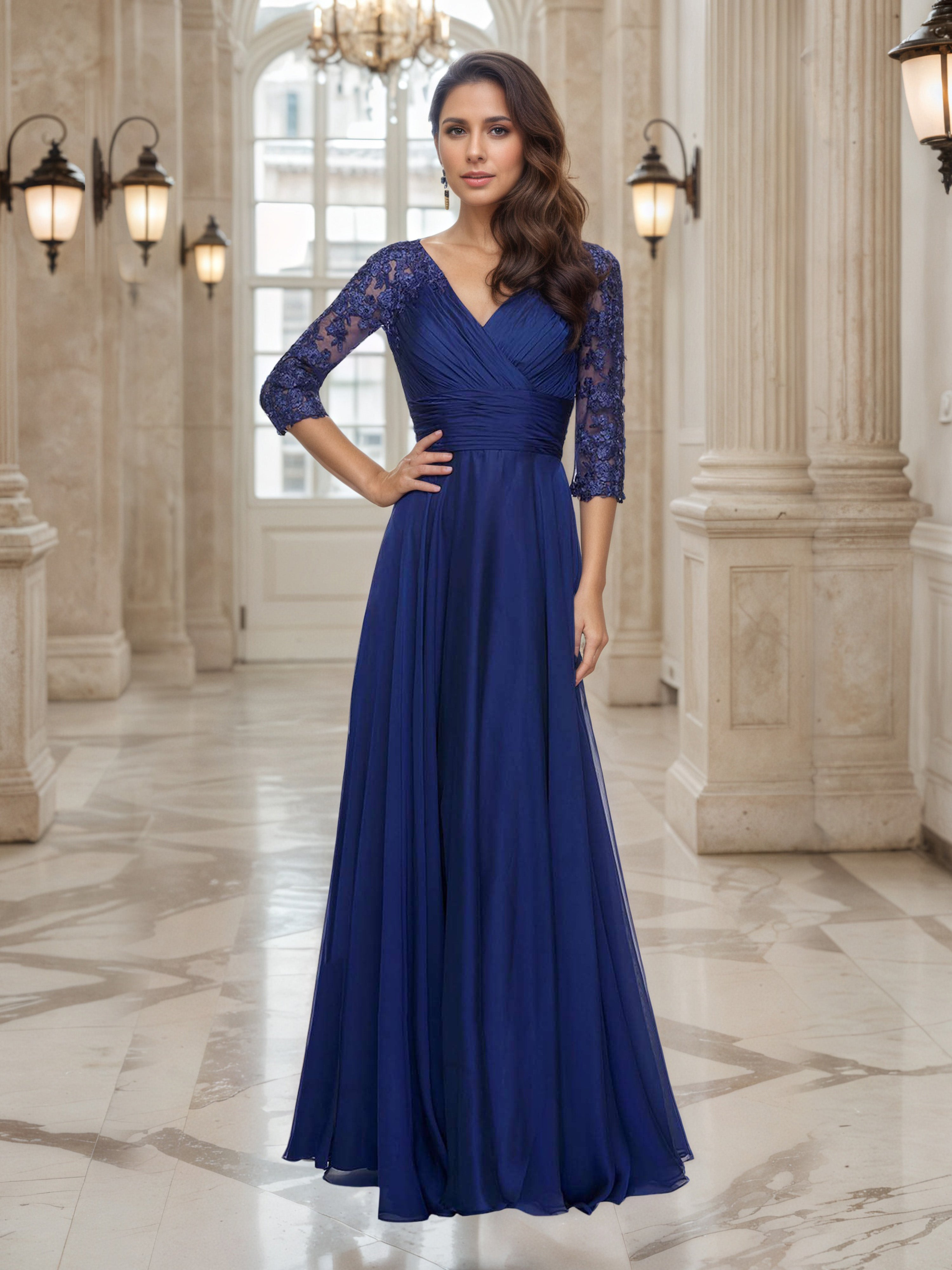 Navy Blue A-Line V-Neck 3/4 Lace Sleeves Mother of The Bride Dress Navy Blue A-Line V-Neck 3/4 Lace Sleeves Mother of The Bride Dress