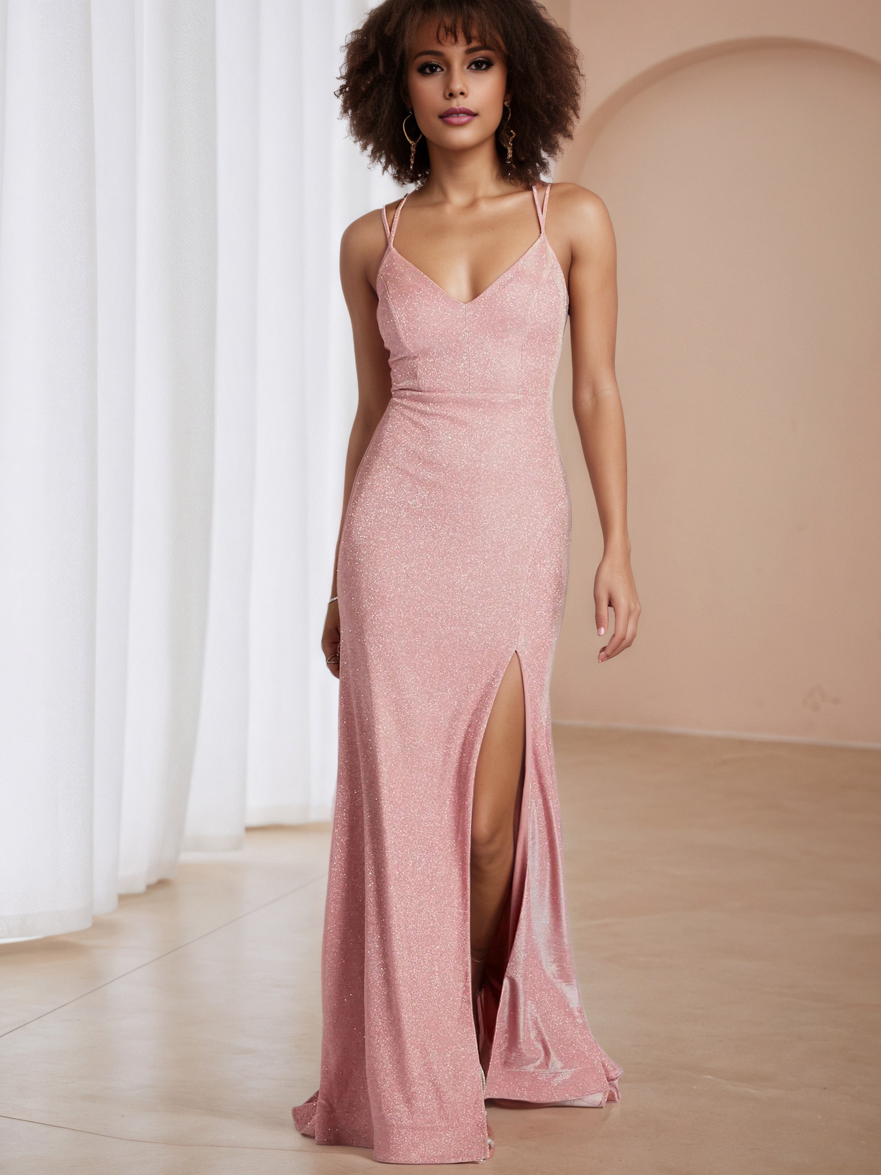 Sweep/Brush Train Glitter Fabric V-Neck Dusty Rose Prom Dress Sweep/Brush Train Glitter Fabric V-Neck Dusty Rose Prom Dress